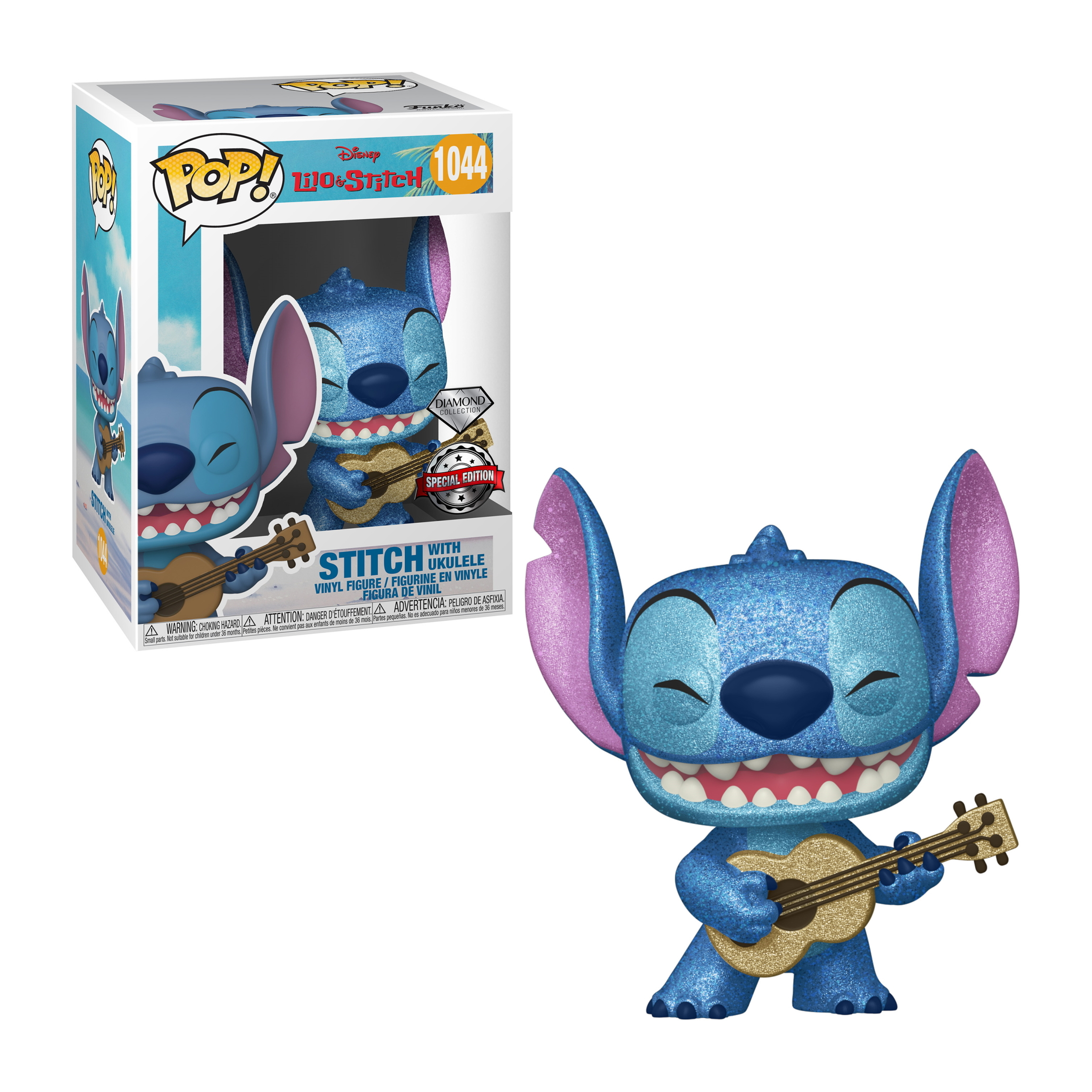 Stitch mit Ukulele Funko Pop Figur mit seiner Box. Stitch ist blau mit einer Ukulele.