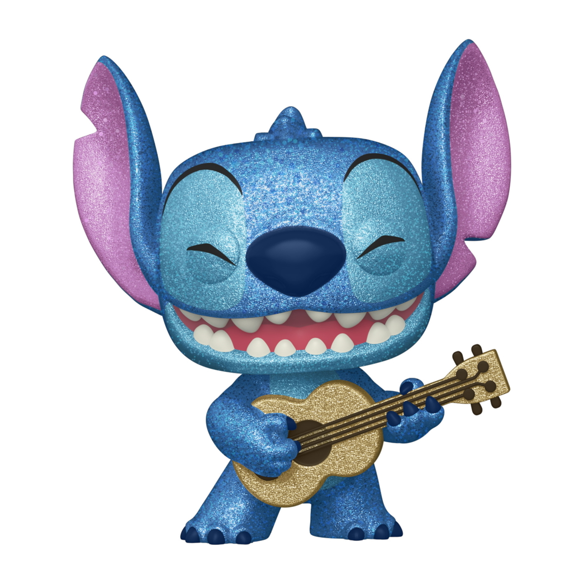 Blaue Glitzer-Stitch-Figur spielt eine goldene Ukulele, lächelt mit geschlossenen Augen.