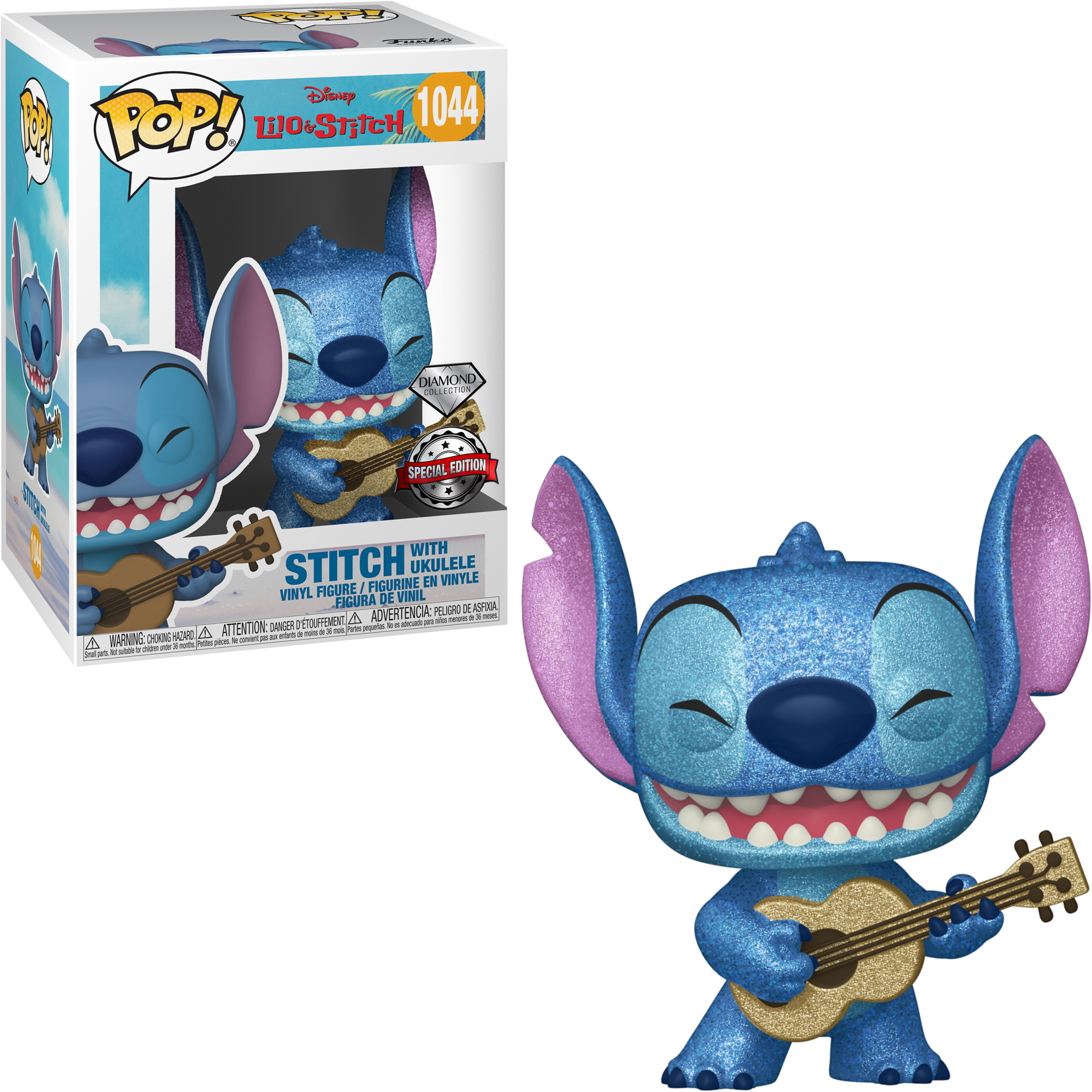 Stitch mit Ukulele Funko Pop, in einer Box mit Strandszene, Diamond Edition.
