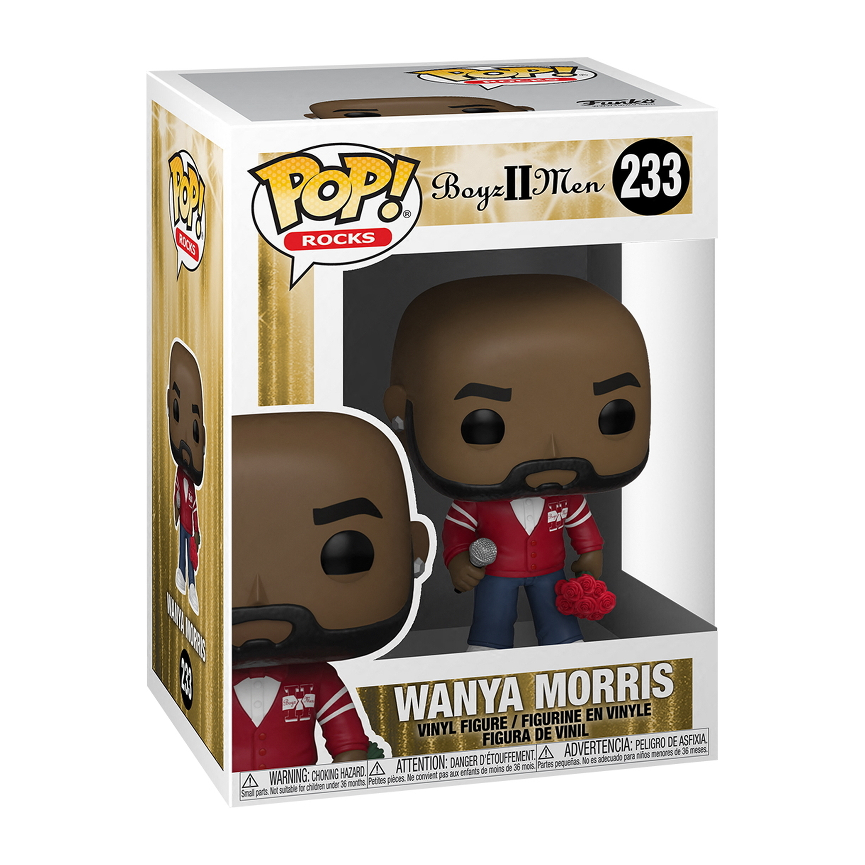 Wanya Morris Funko Pop Figur in einer Box, trägt eine rote Jacke, hält Blumen und ein Mikrofon.