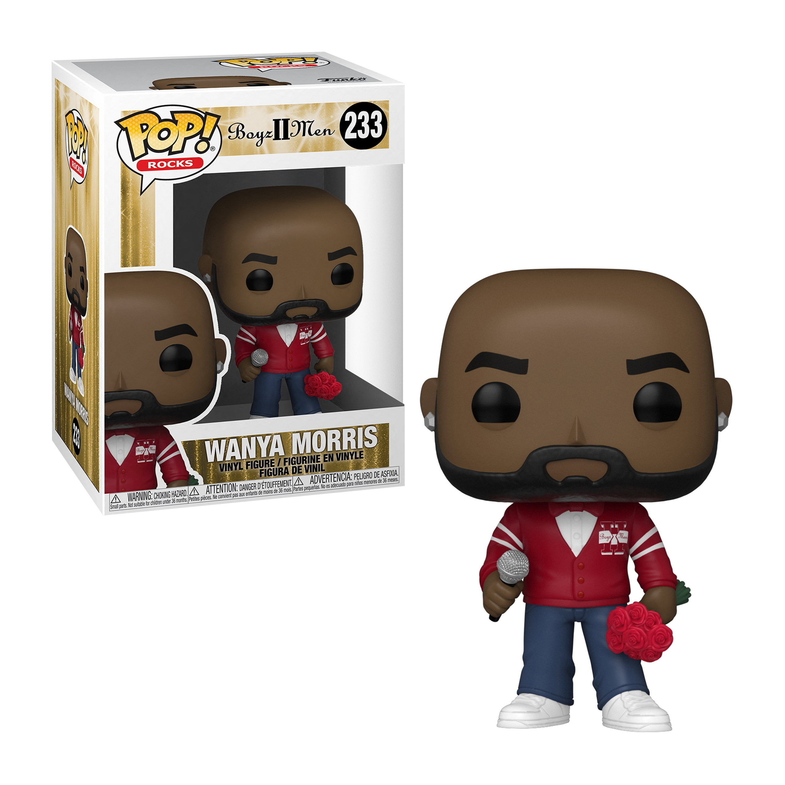 Wanya Morris Pop! Figur mit Mikrofon und Rosen, mit einer Box links.