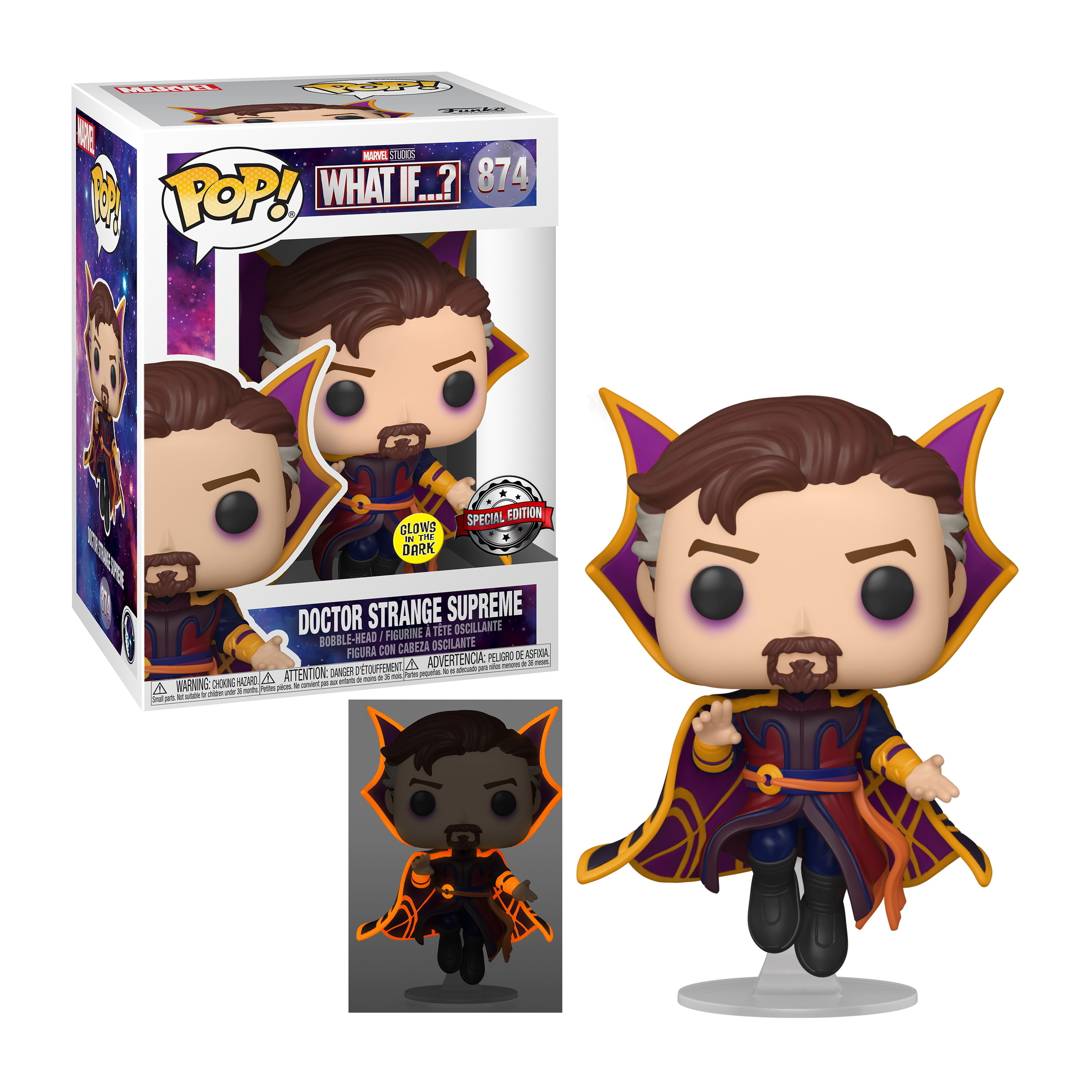 Doctor Strange Figur, in Box, mit Umhang und Amulett. Einige Teile leuchten im Dunkeln.