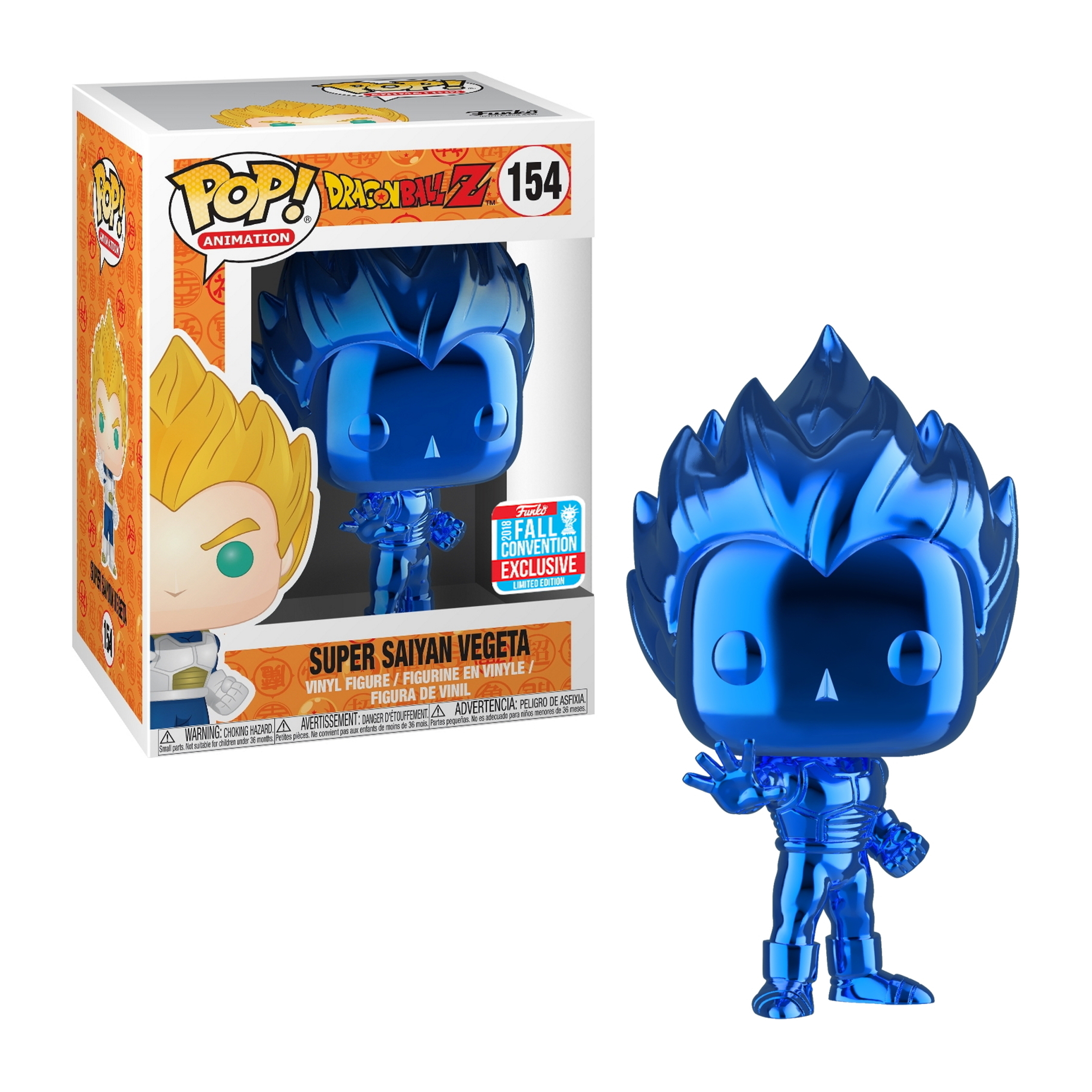 Blaue Super-Saiyajin-Vegeta-Figur mit einer Box. Die Figur steht mit einer Hand nach oben.