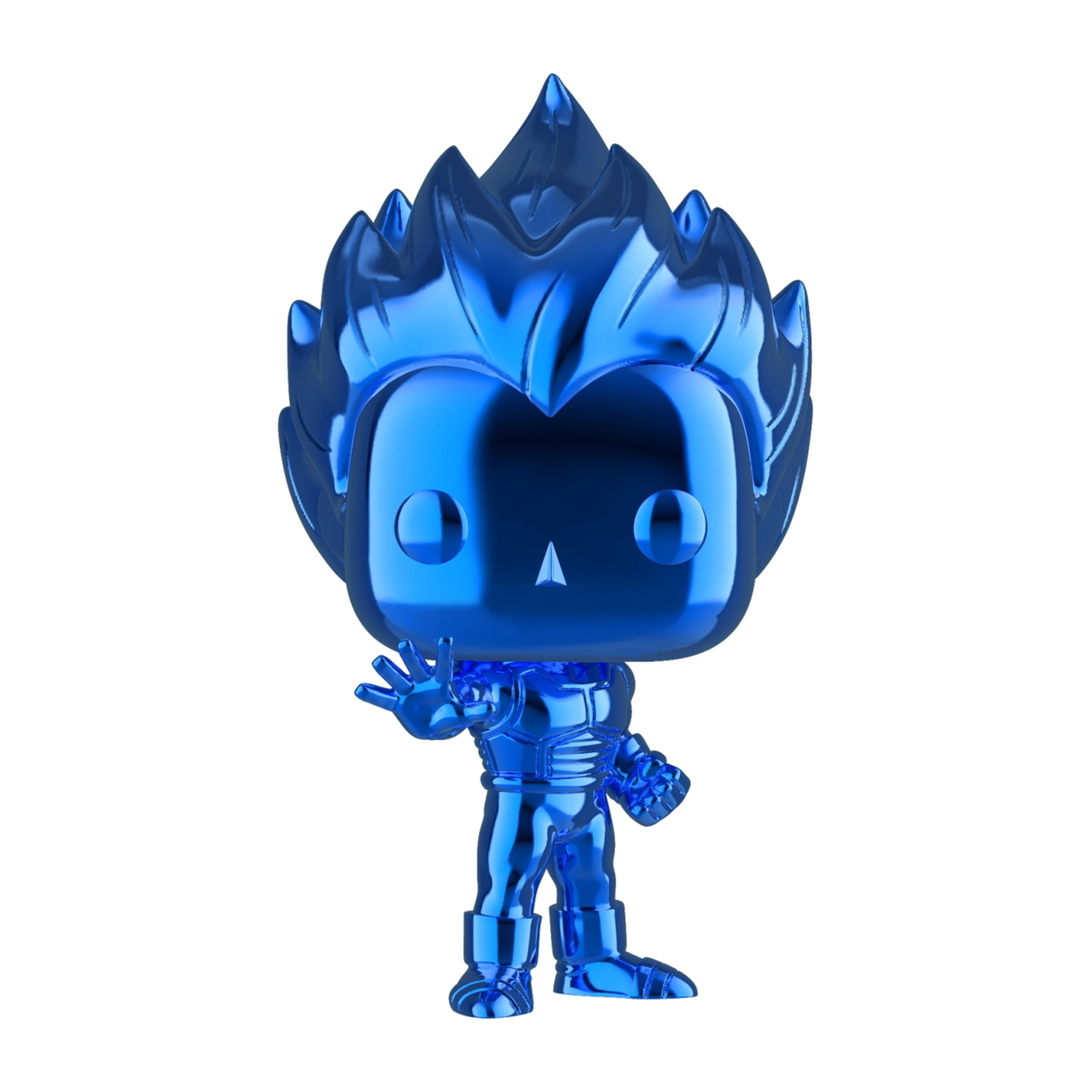 Blaue metallische Pop-Figur eines Mannes mit stacheligem Haar in heroischer Pose, winkend. Glänzend und reflektierend.