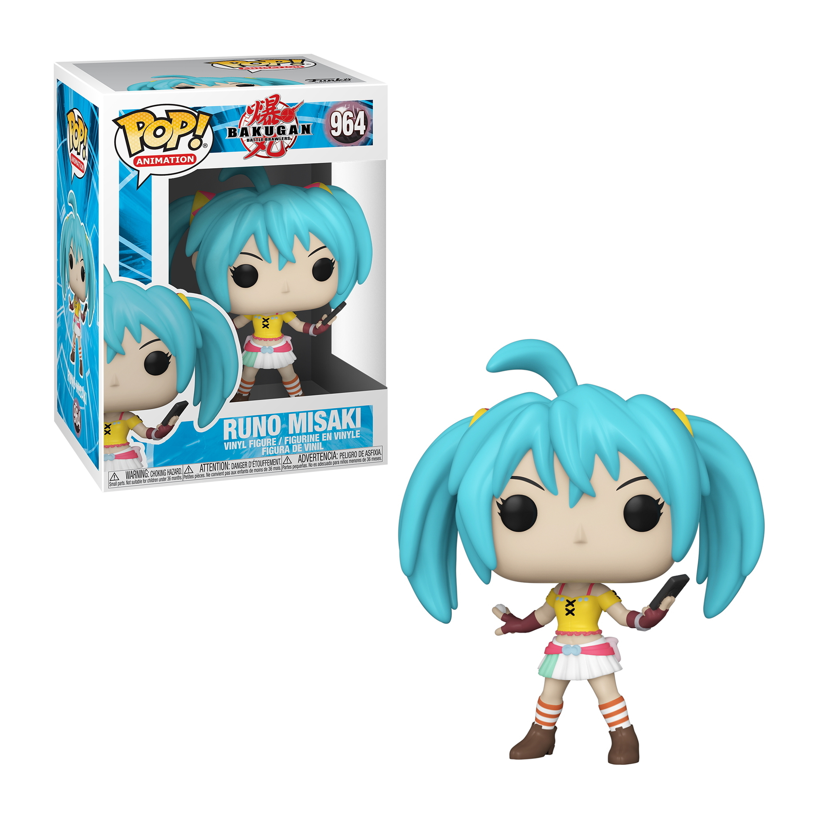 Runo Misaki Bakugan Funko Pop Figur, blaue Haare, gelbes Oberteil, Karte haltend.
