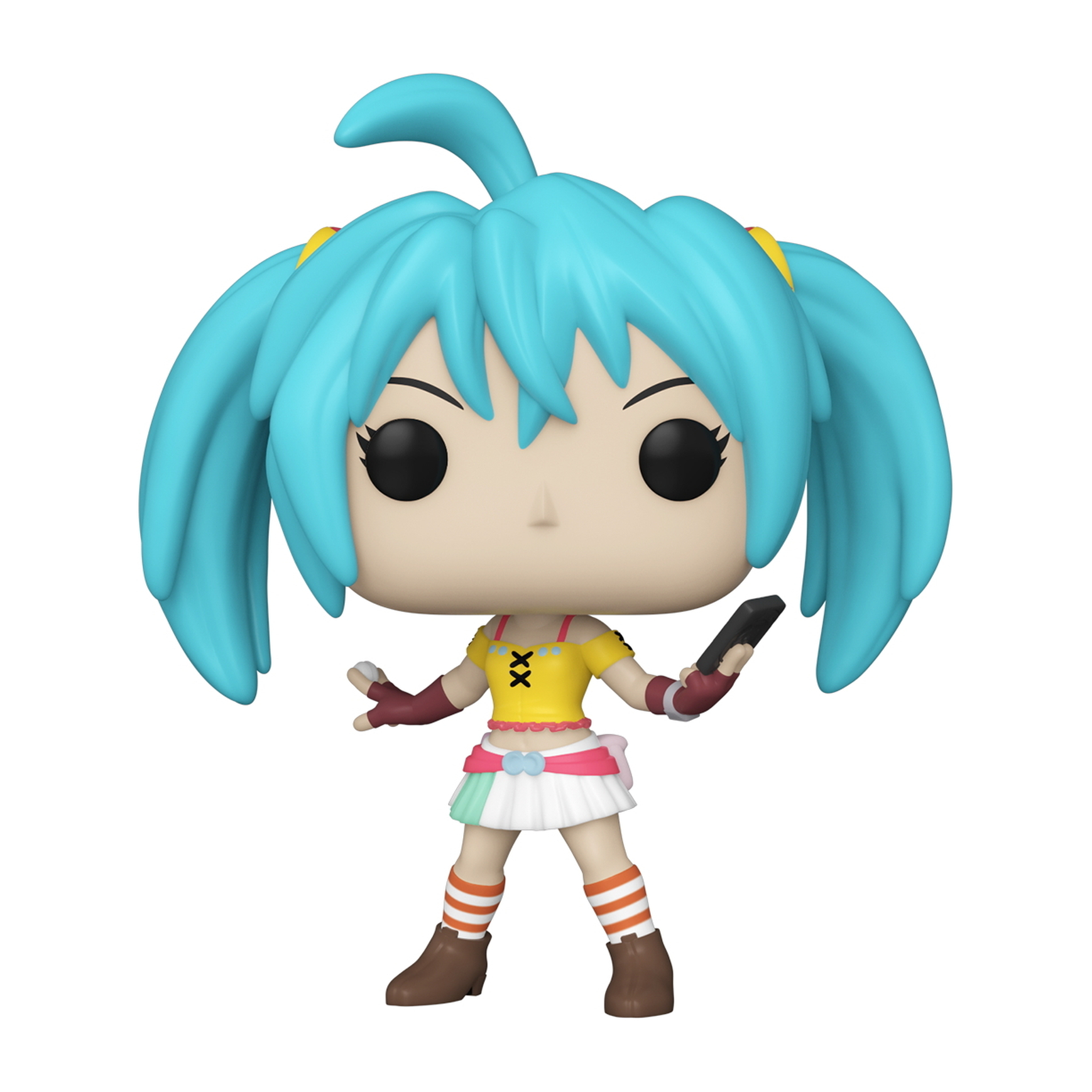 Anime-Figur, blaue Haare, gelbes Hemd, pinker und weißer Rock, hält ein Telefon. Braune Stiefel.