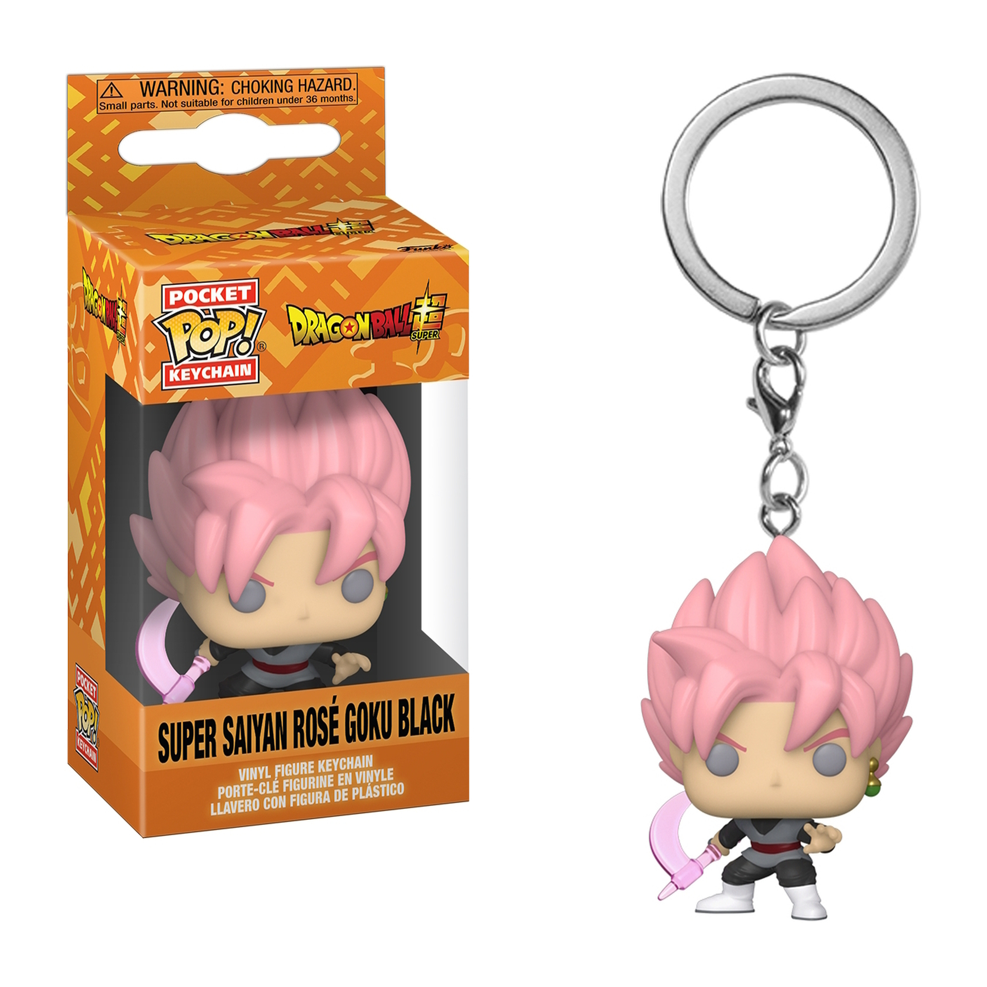 Brelok Super Saiyan Rosé Goku Black w pudełku. Różowe włosy, czarne ubrania, trzymający różową broń.