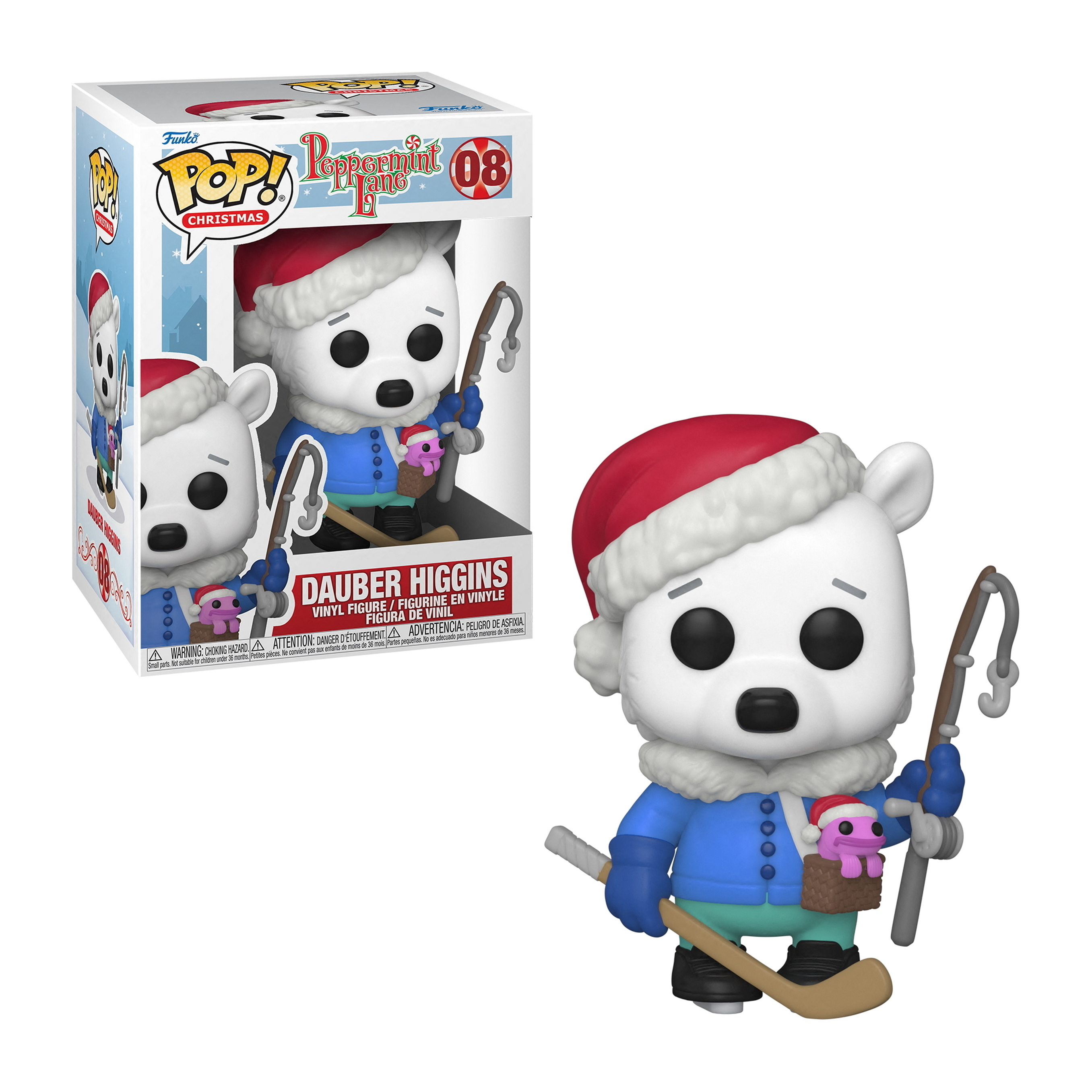 Eisbär Funko Pop mit Weihnachtsmütze, Angelrute und Hockeyschläger haltend.