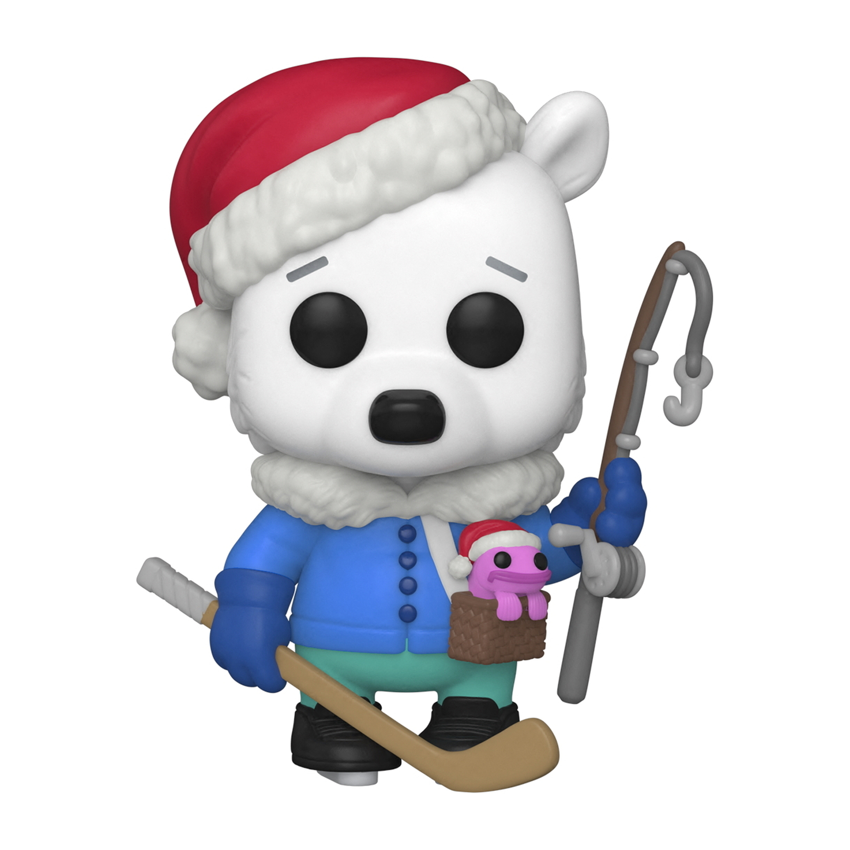 Eine Eisbär Funko Pop-Figur mit Weihnachtsmütze, hält einen Hockeyschläger und eine Angelrute.