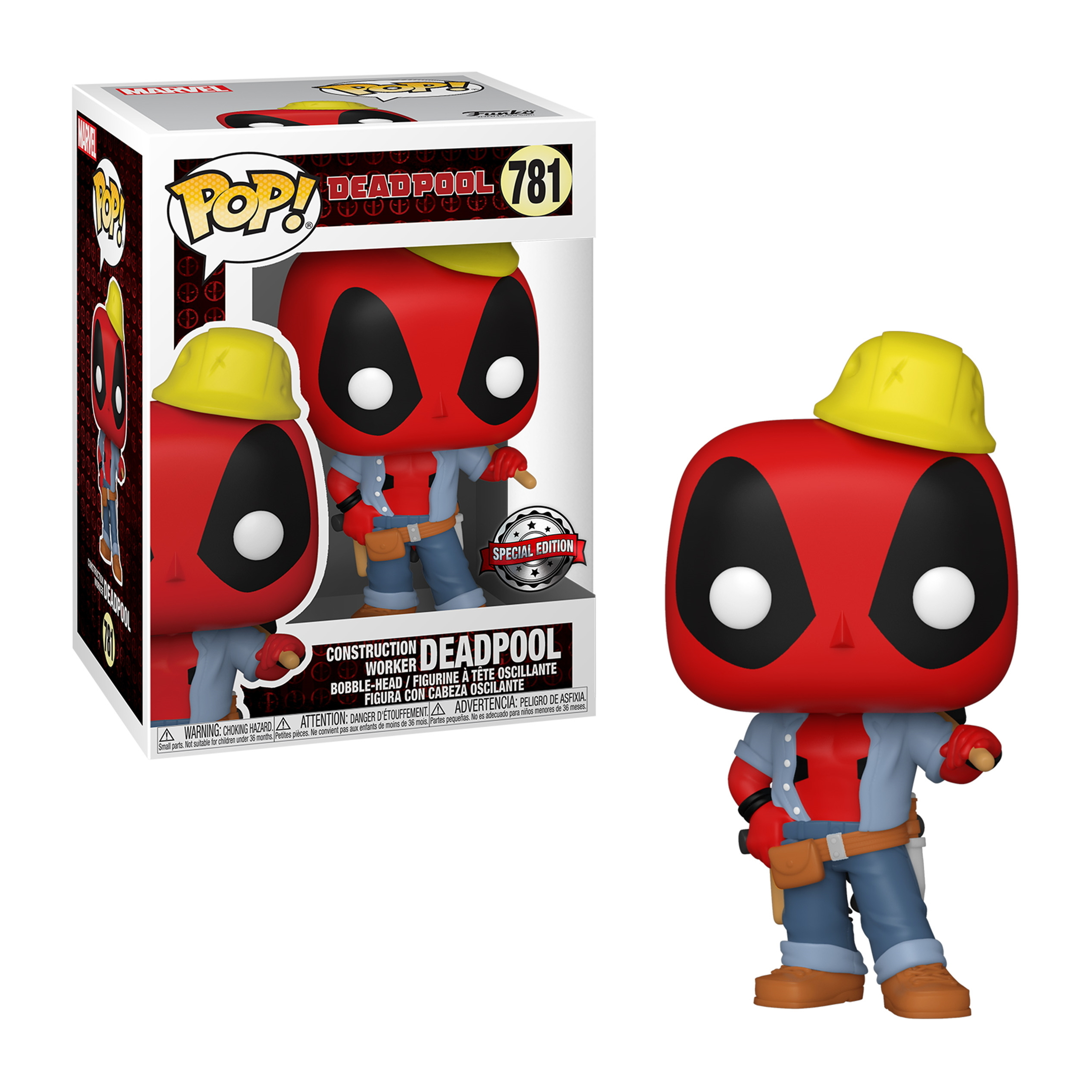 Construction Deadpool Funko Pop Figur mit gelbem Helm und Arbeitskleidung.