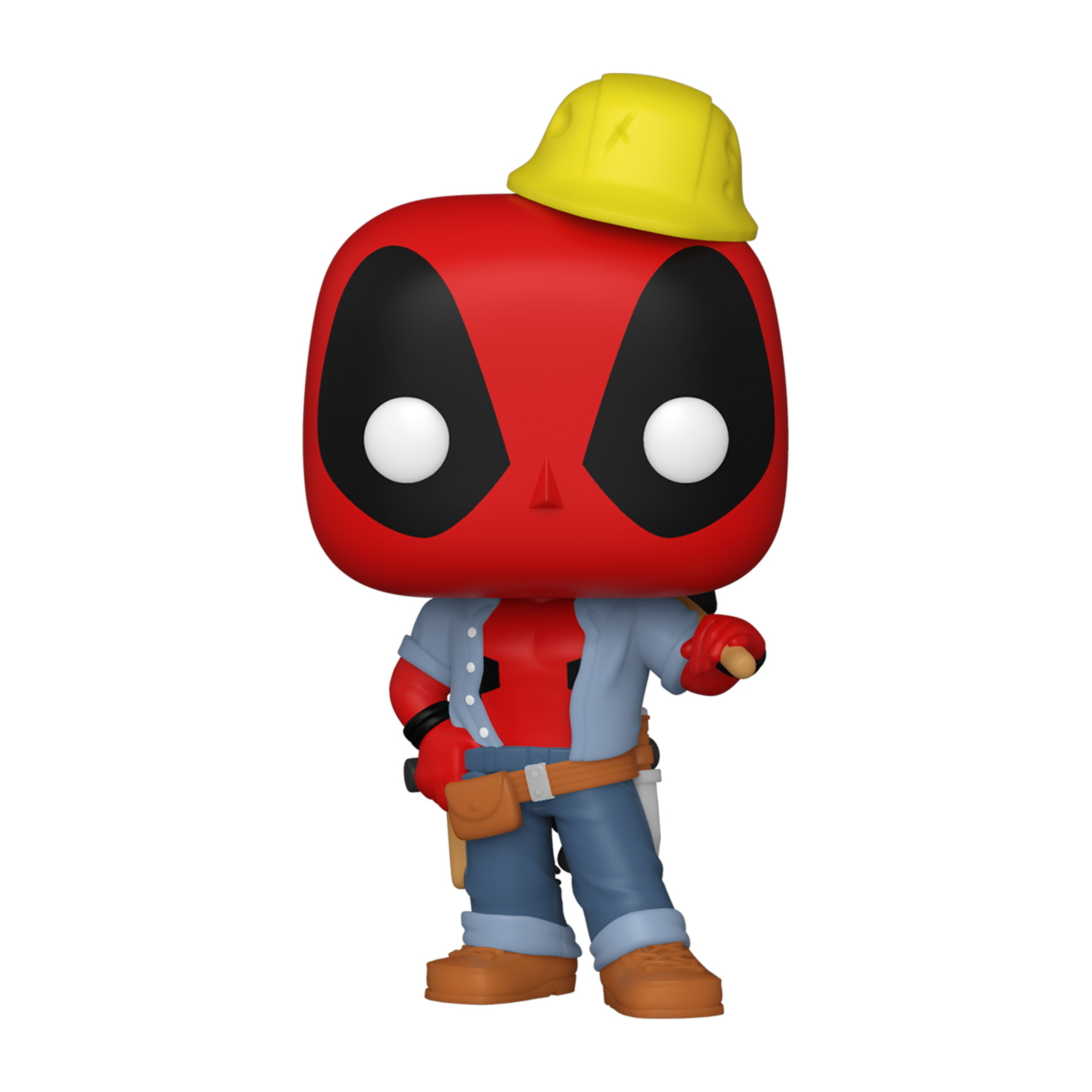 Deadpool-Figur mit gelbem Schutzhelm und Werkzeug. Roter Anzug, schwarze Augen. Weißer Hintergrund.