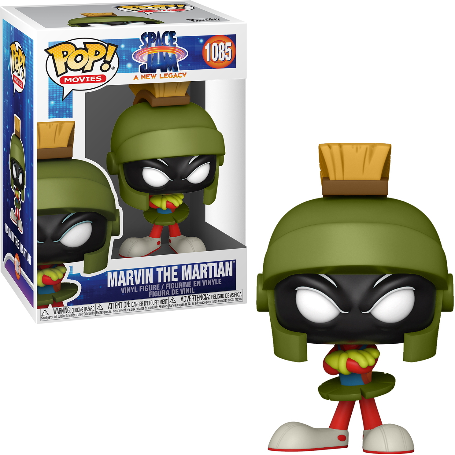 Marvin der Marsianer Funko Pop Figur. Grüner Helm, schwarzes Gesicht, rote Beine, grüner Rock. Box zeigt die Figur.