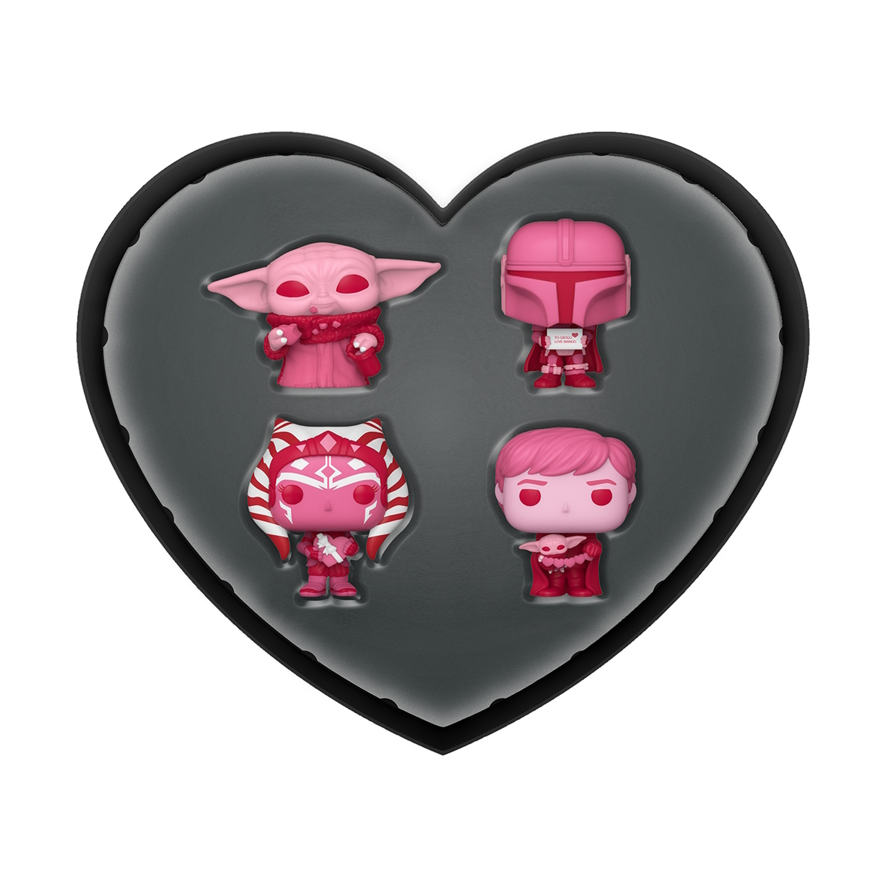 Vier rosa Figuren in einer herzförmigen Box. Es sind Charaktere aus Star Wars.