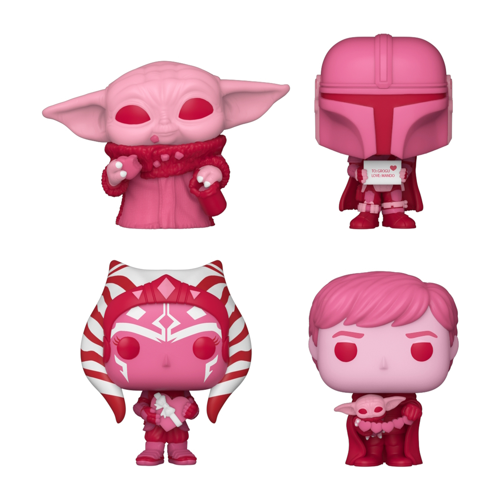 Vier rosa Funko Pop Figuren von Star Wars Charakteren.