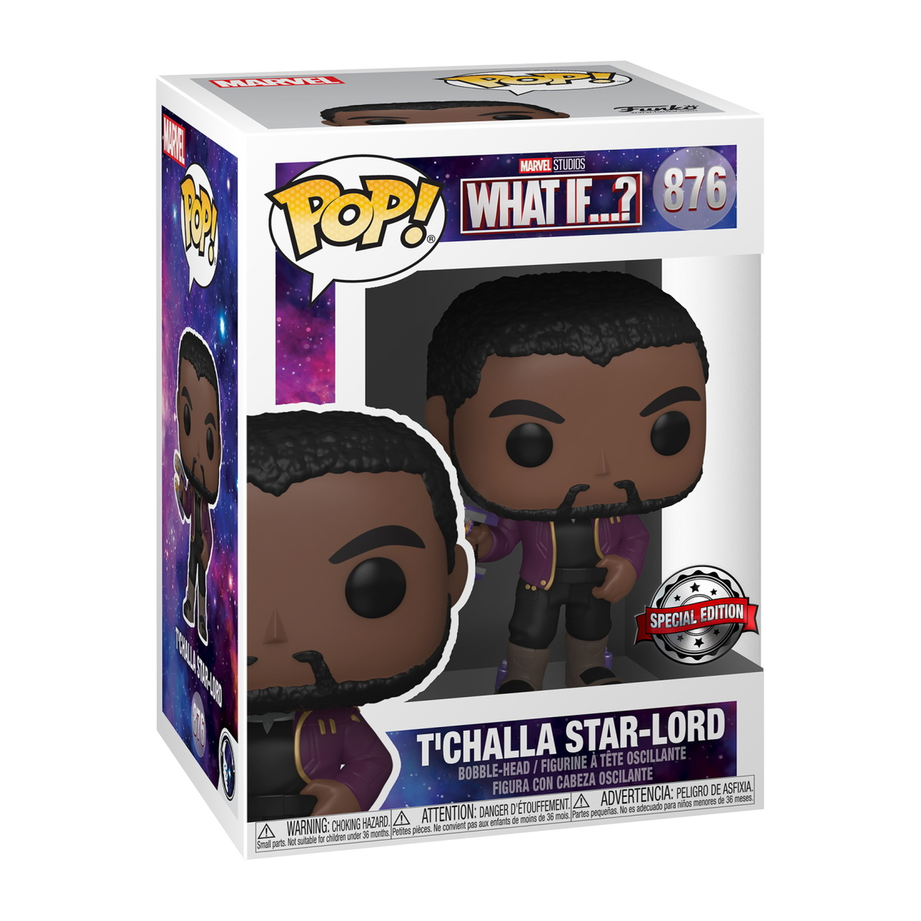 T'Challa Star-Lord Funko Pop in Box. Schwarze Figur mit lila Jacke und schwarzen Haaren.