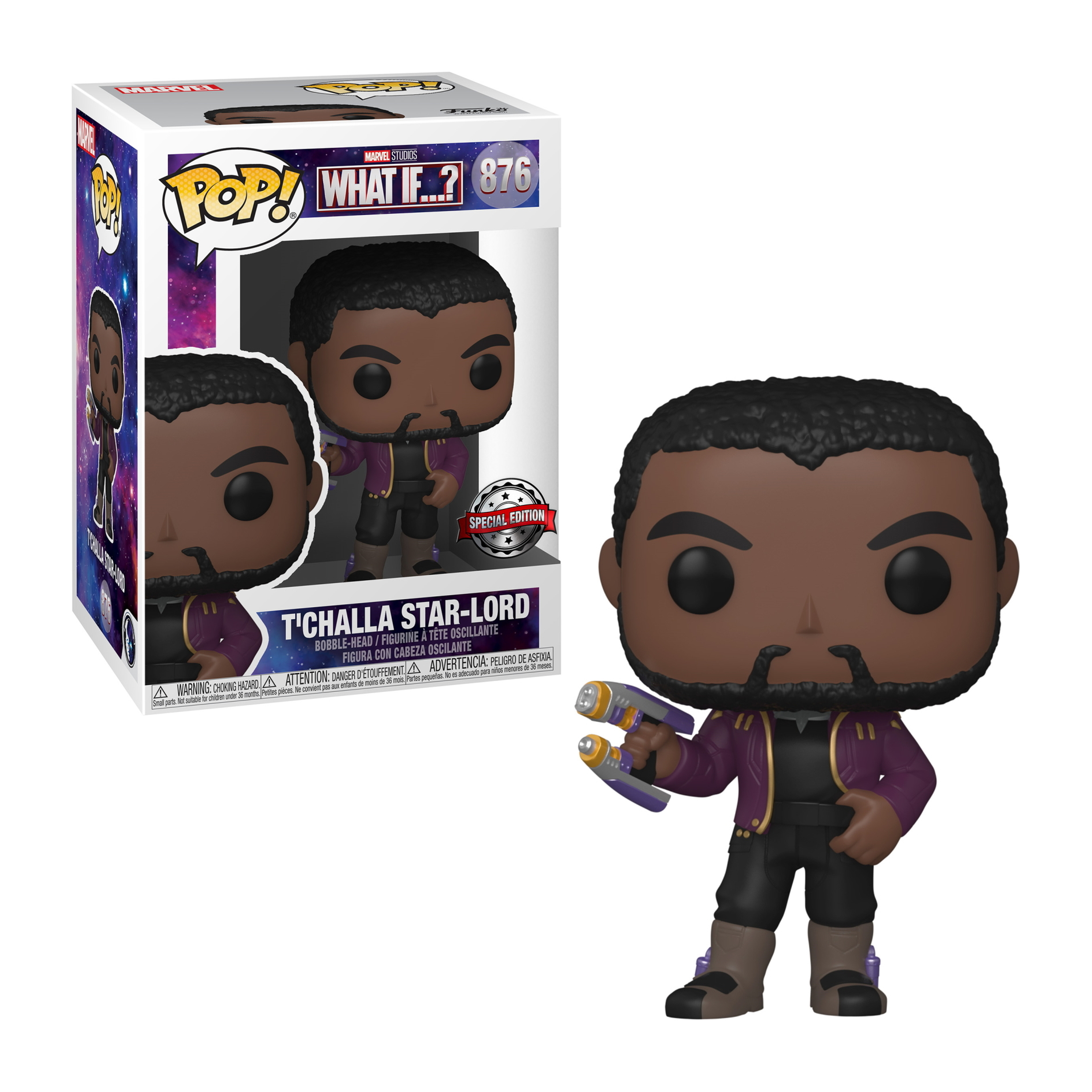 T'Challa Star-Lord Funko Pop!-Figur in lila Jacke und hält Blaster.