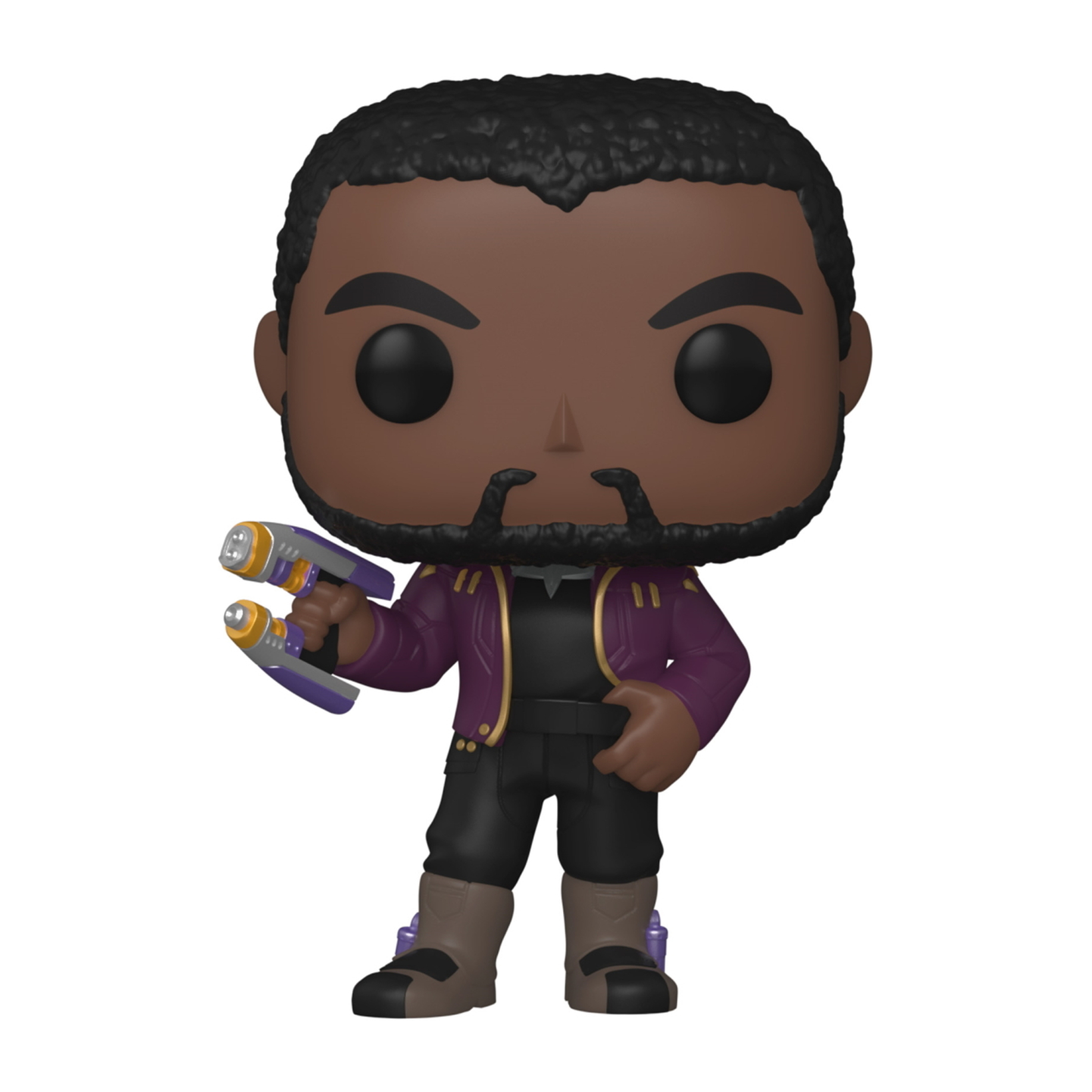 Funko Pop! Black Panther Figur mit zwei Blastern, trägt eine lila Jacke.