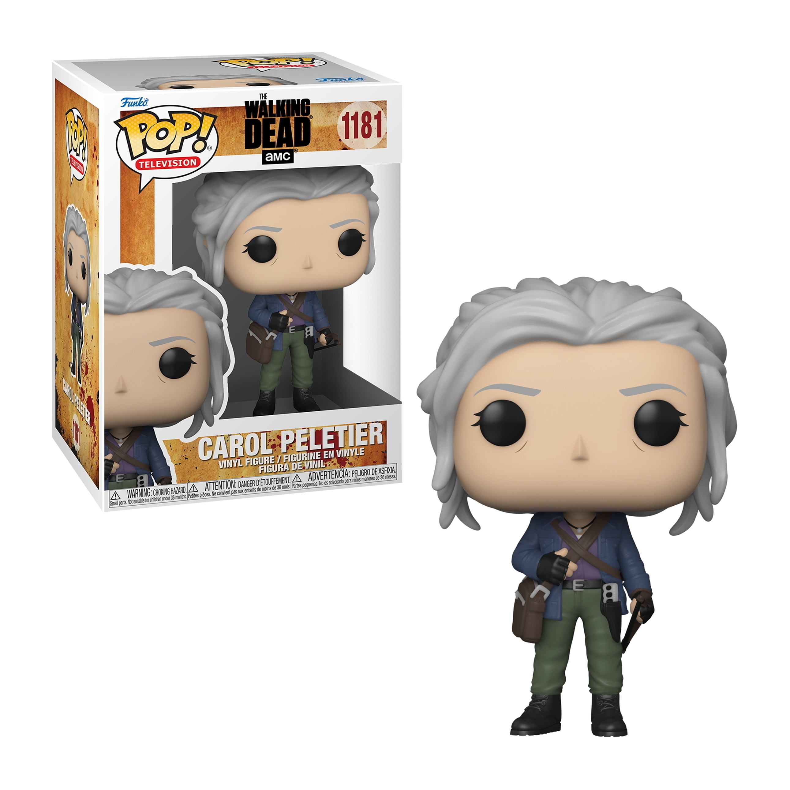 Figur von Carol Peletier aus The Walking Dead mit grauem Haar. Sie hält ein Messer.