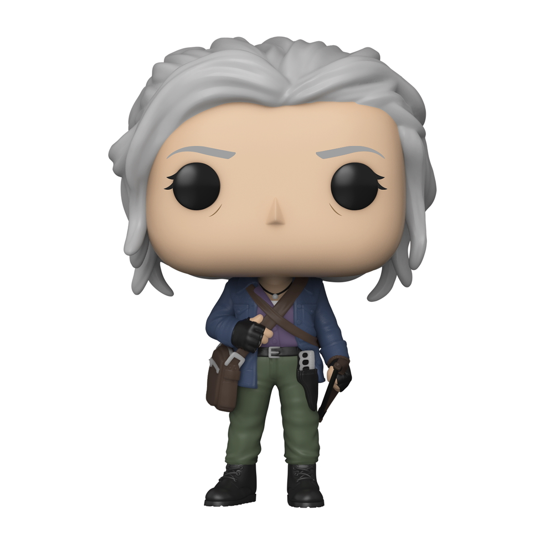 Funko Pop Figur. Frau mit grauem Haar, blauer Jacke, lila Hemd, hält eine Waffe und eine Tasche.