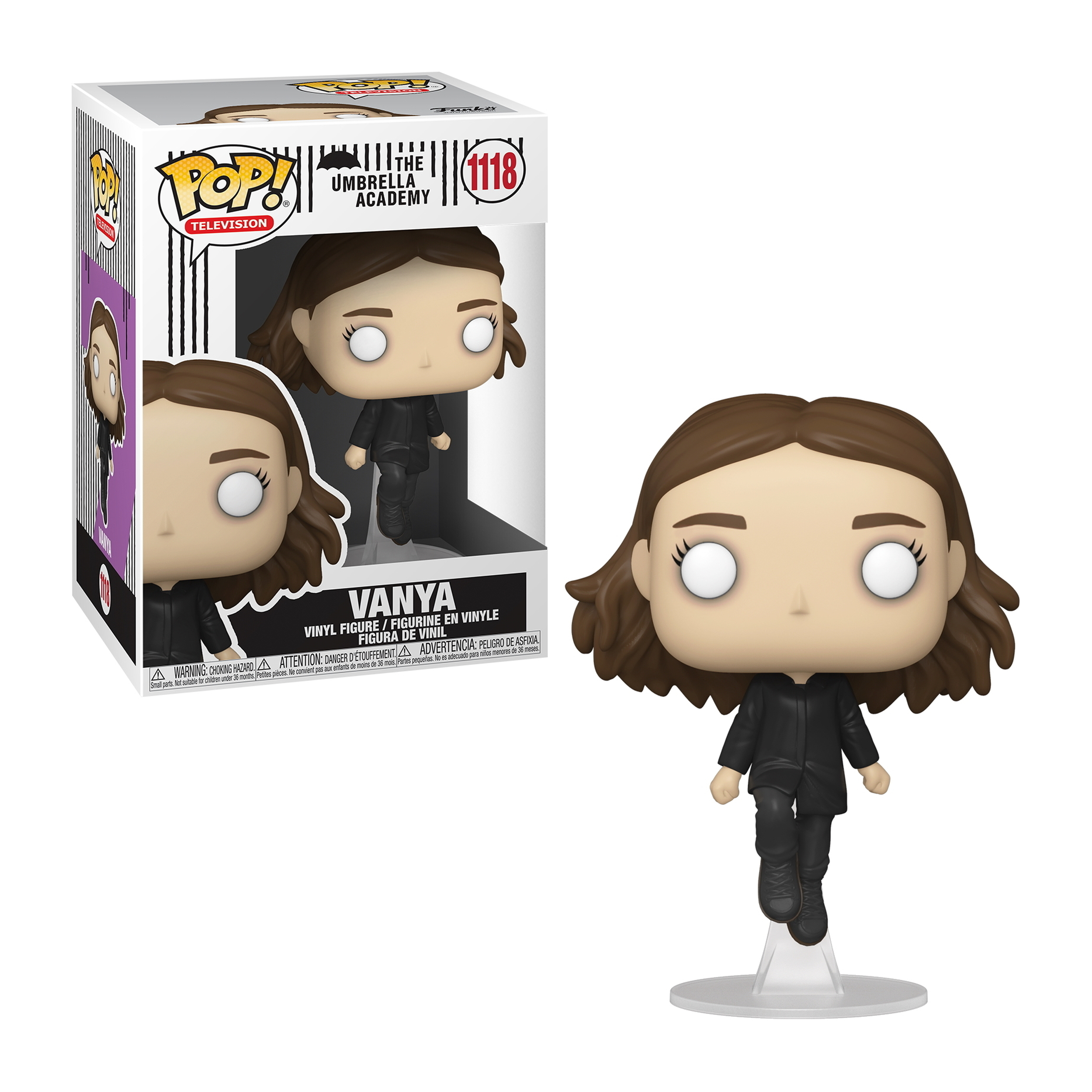Figurka Vanya Funko Pop z The Umbrella Academy, w pudełku i poza nim. Brązowe włosy, czarny strój.