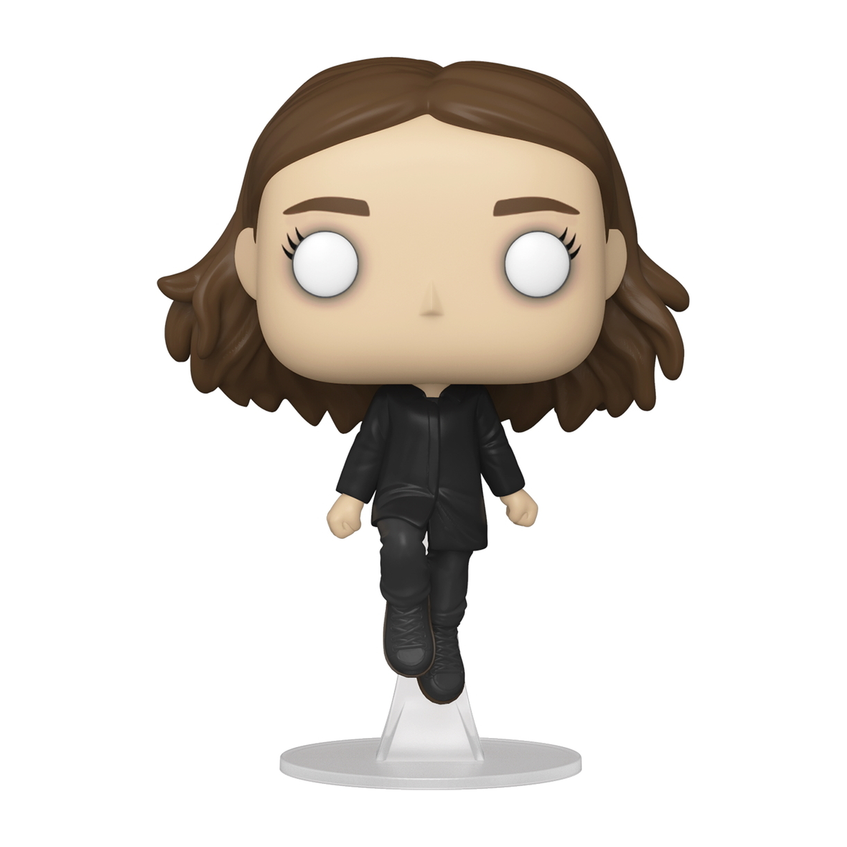 Figurka Funko Pop kobiety w czarnym stroju, stojącej na przezroczystym stojaku.