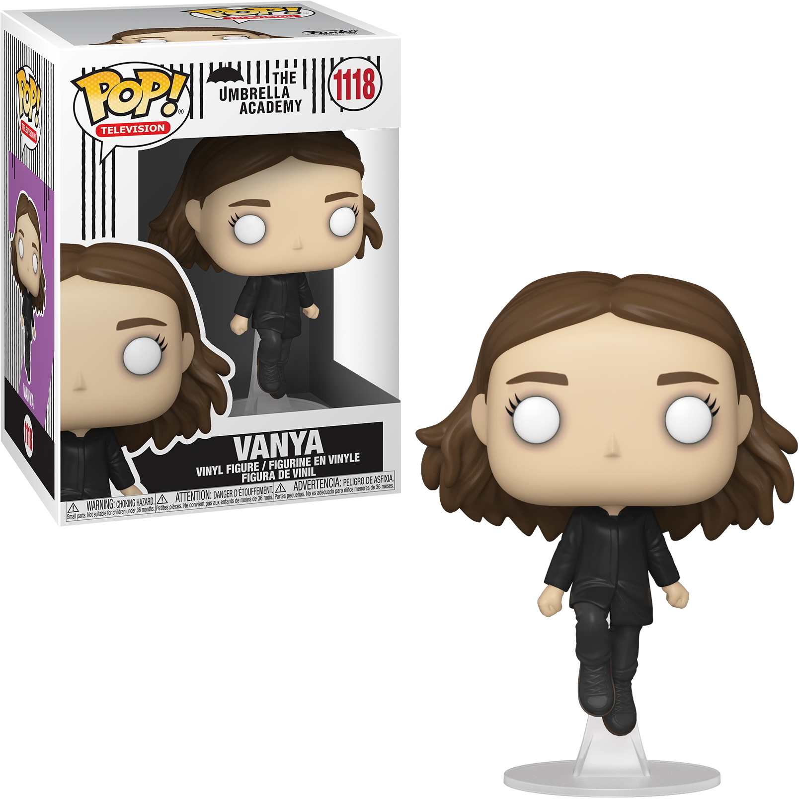 Vanya z The Umbrella Academy Funko Pop, w czarnym stroju, na podstawce.