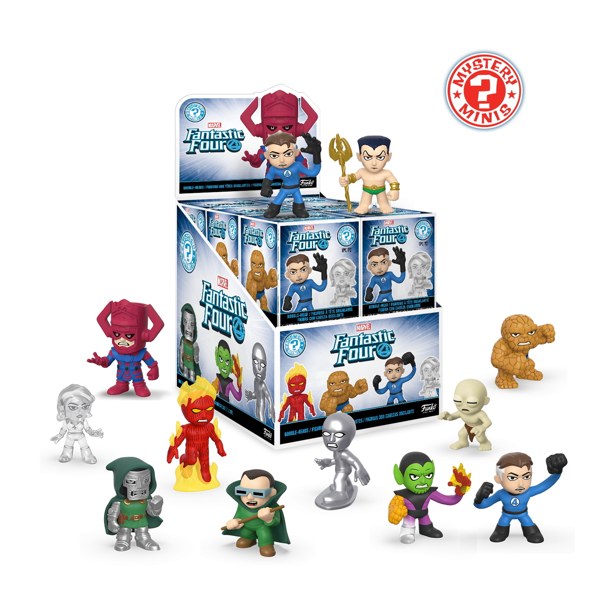 Eine Vitrine mit Fantastic Four Mystery Minis Figuren. Verschiedene Charaktere sind in einer Box zu sehen.