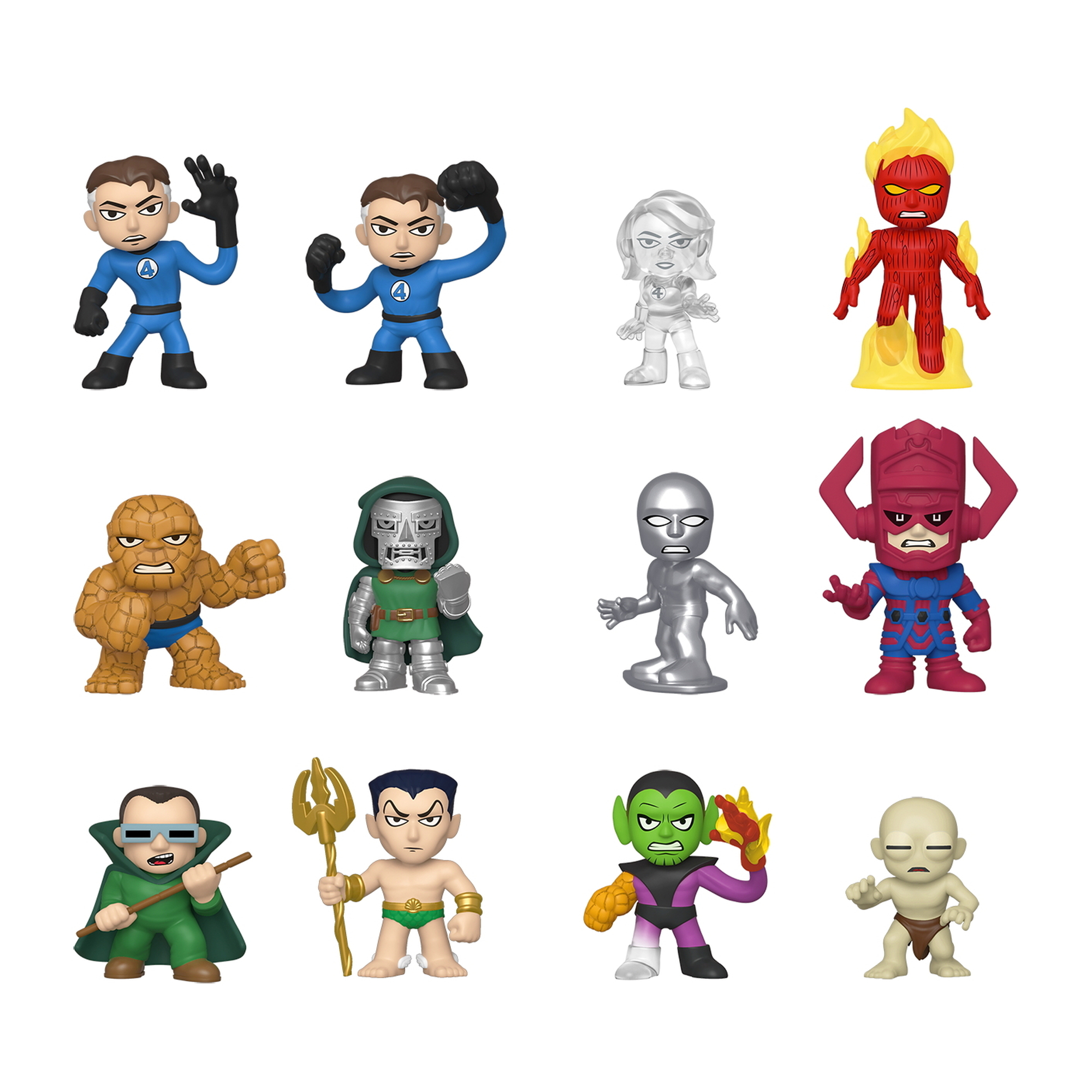 Eine Sammlung von Fantastic Four Funko Pop Figuren.  Mr. Fantastic, Thing, Human Torch, Invisible Woman.