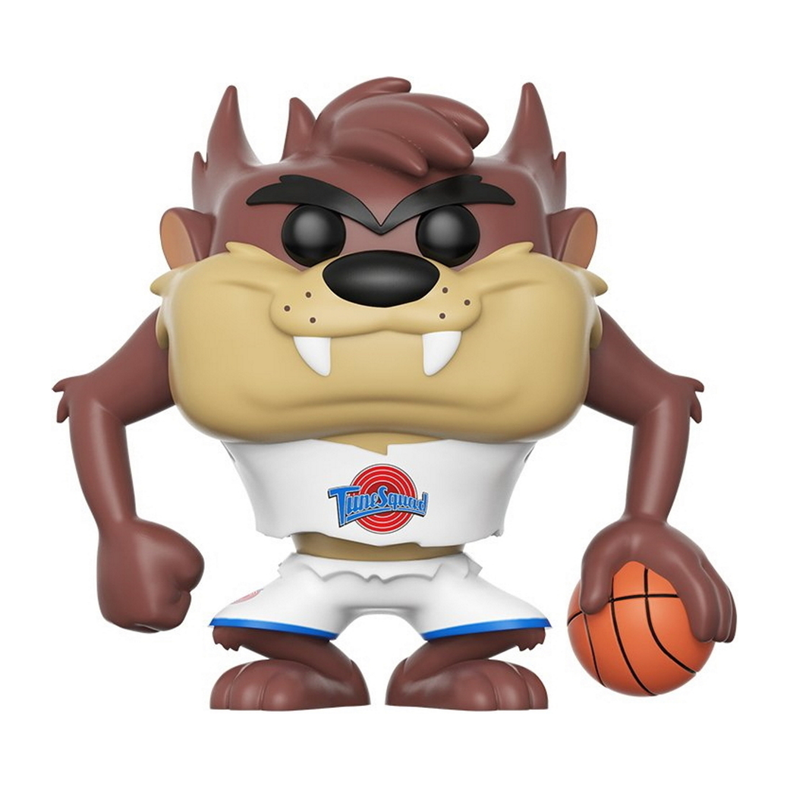 Taz, eine braune Tazmanian Devil Funko Pop Figur in einer Space Jam Uniform, hält einen Basketball.