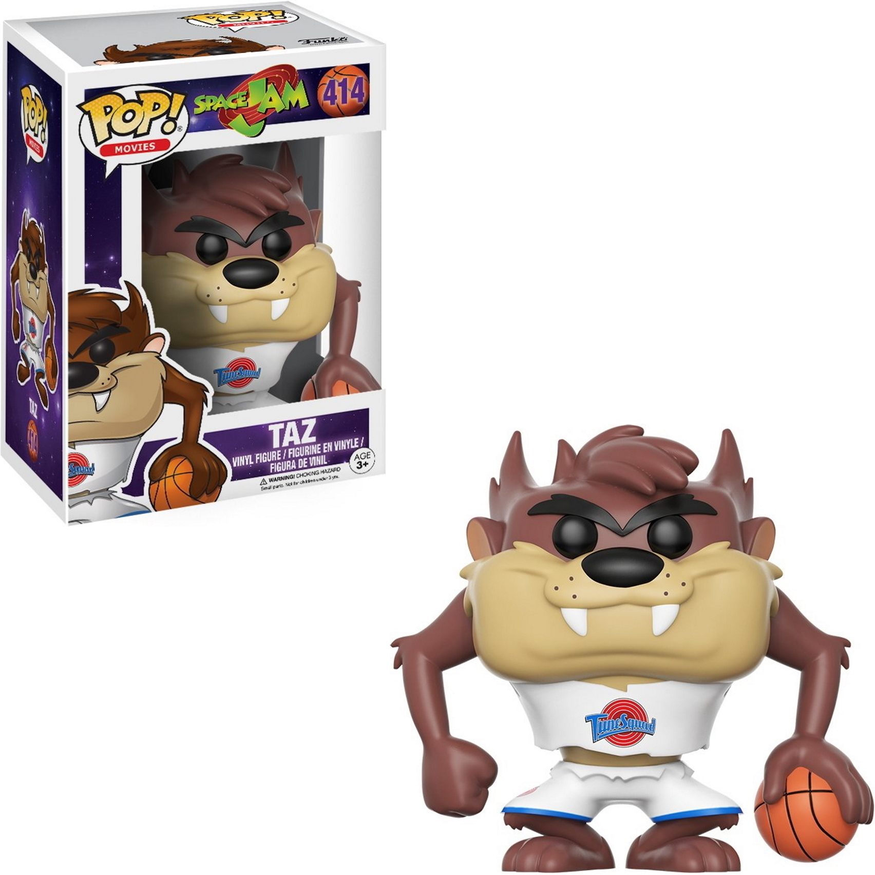 Funko Pop von Taz, der Looney Tunes Figur, in einem Basketball-Trikot, der einen Ball hält.