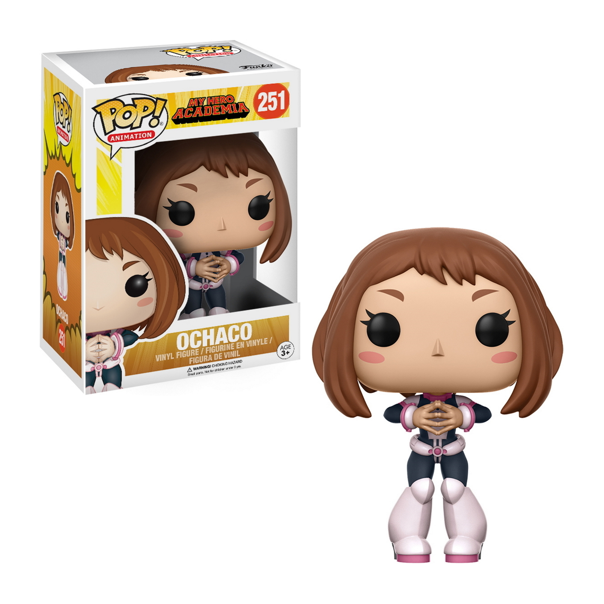 Figurka Ochaco Funko Pop. Brązowe włosy, różowe policzki, w stroju bohatera. Pudełko ze zdjęciem.