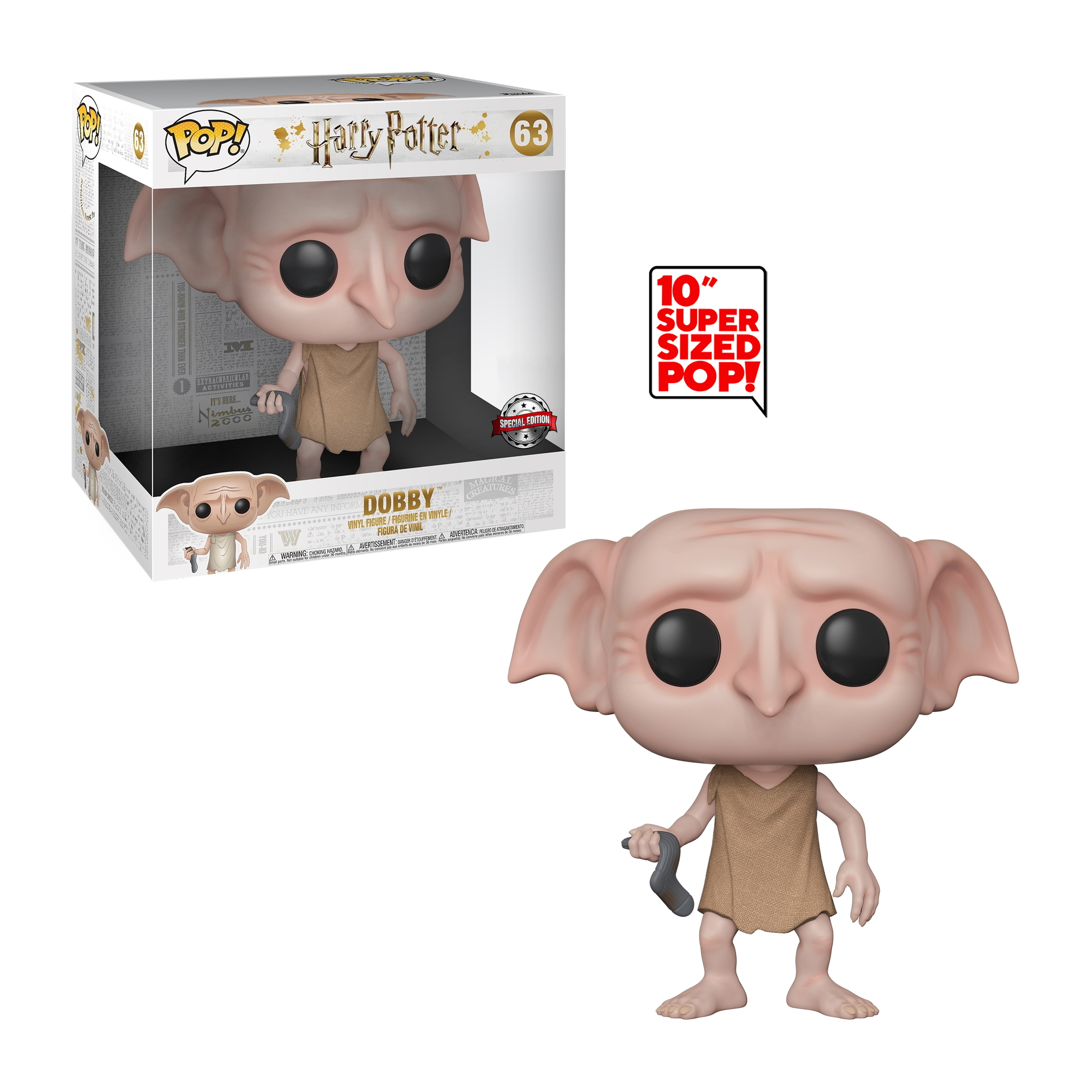 Figurka Funko Pop Dobby'ego, elfa z Harry'ego Pottera z dużą głową, z pudełkiem i skarpetą.