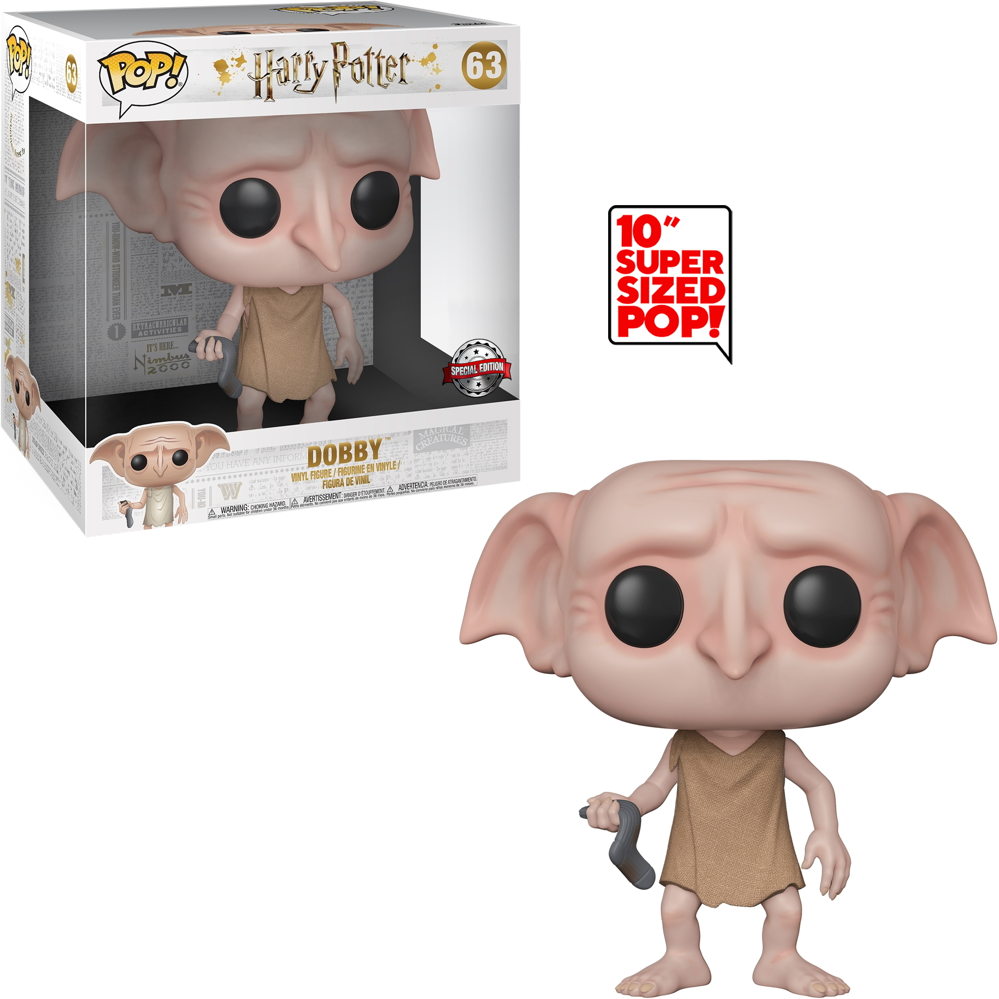 Figurka Funko Pop Dobby'ego z dużymi uszami, ubranego w brązową szmatkę, trzymającego skarpetę.