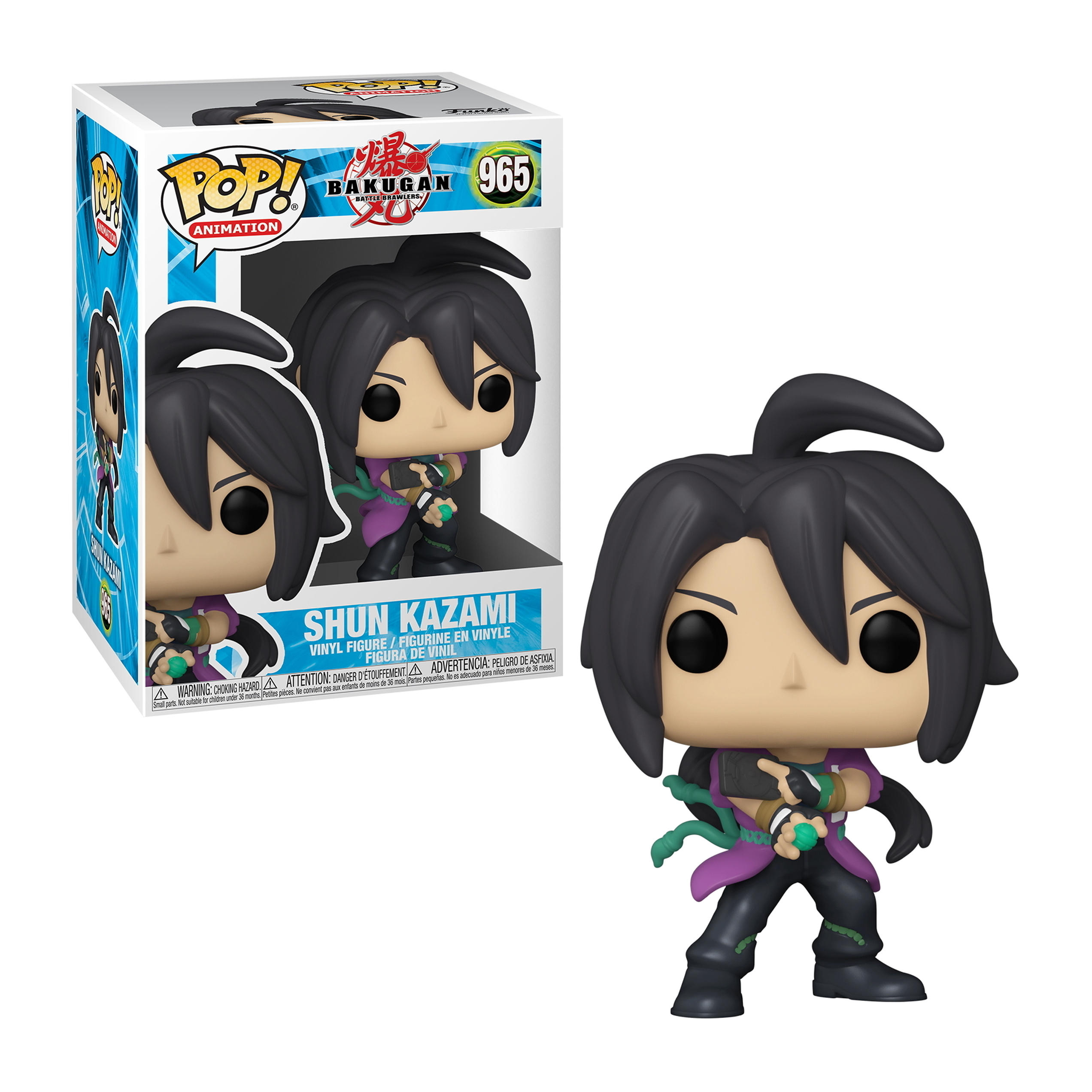 Shun Kazami Figur mit schwarzen Haaren, grün-lila Outfit, hält ein grünes Objekt. Produktbox links.