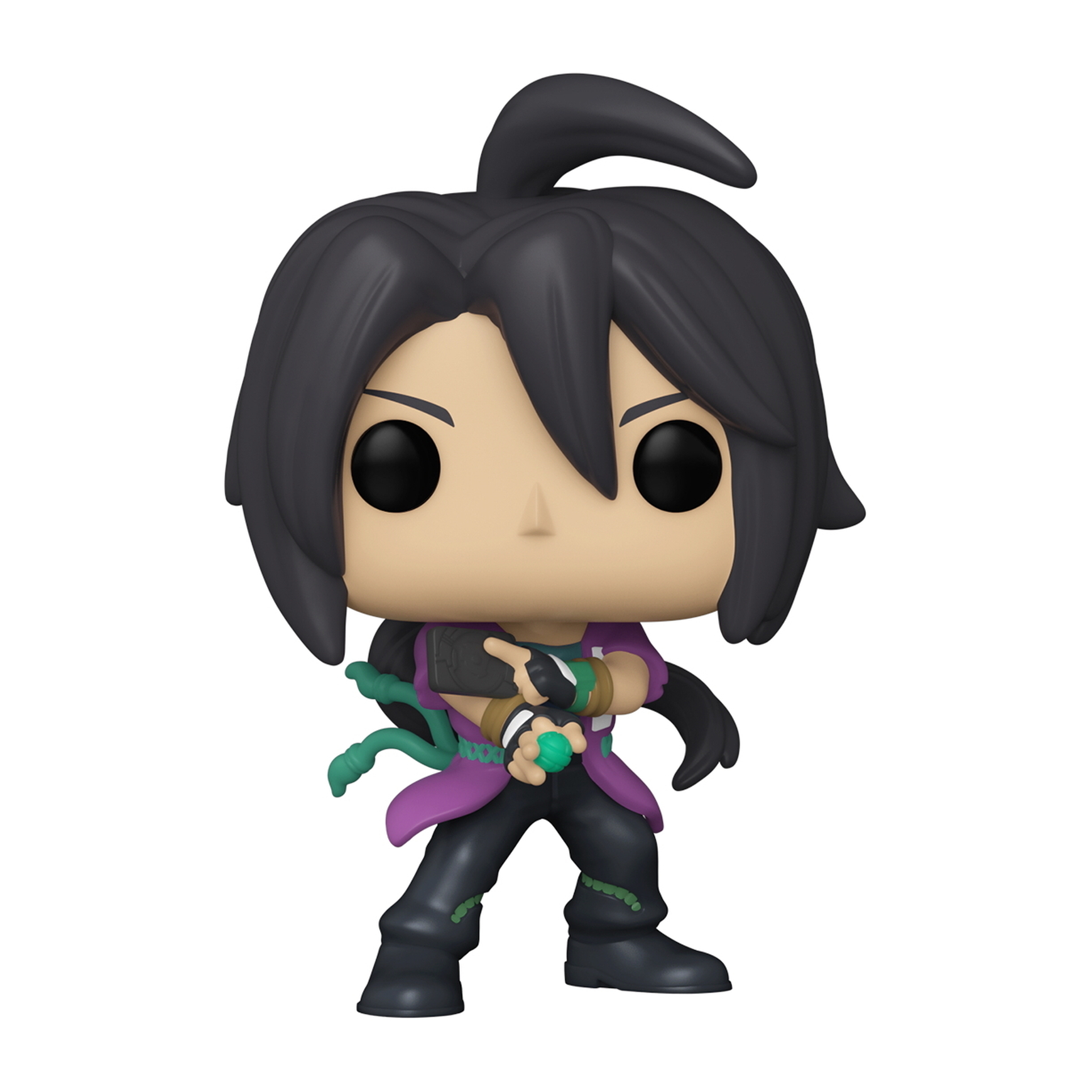 Funko Pop Figur einer Figur mit schwarzen Haaren, lila Outfit und grünen Akzenten.