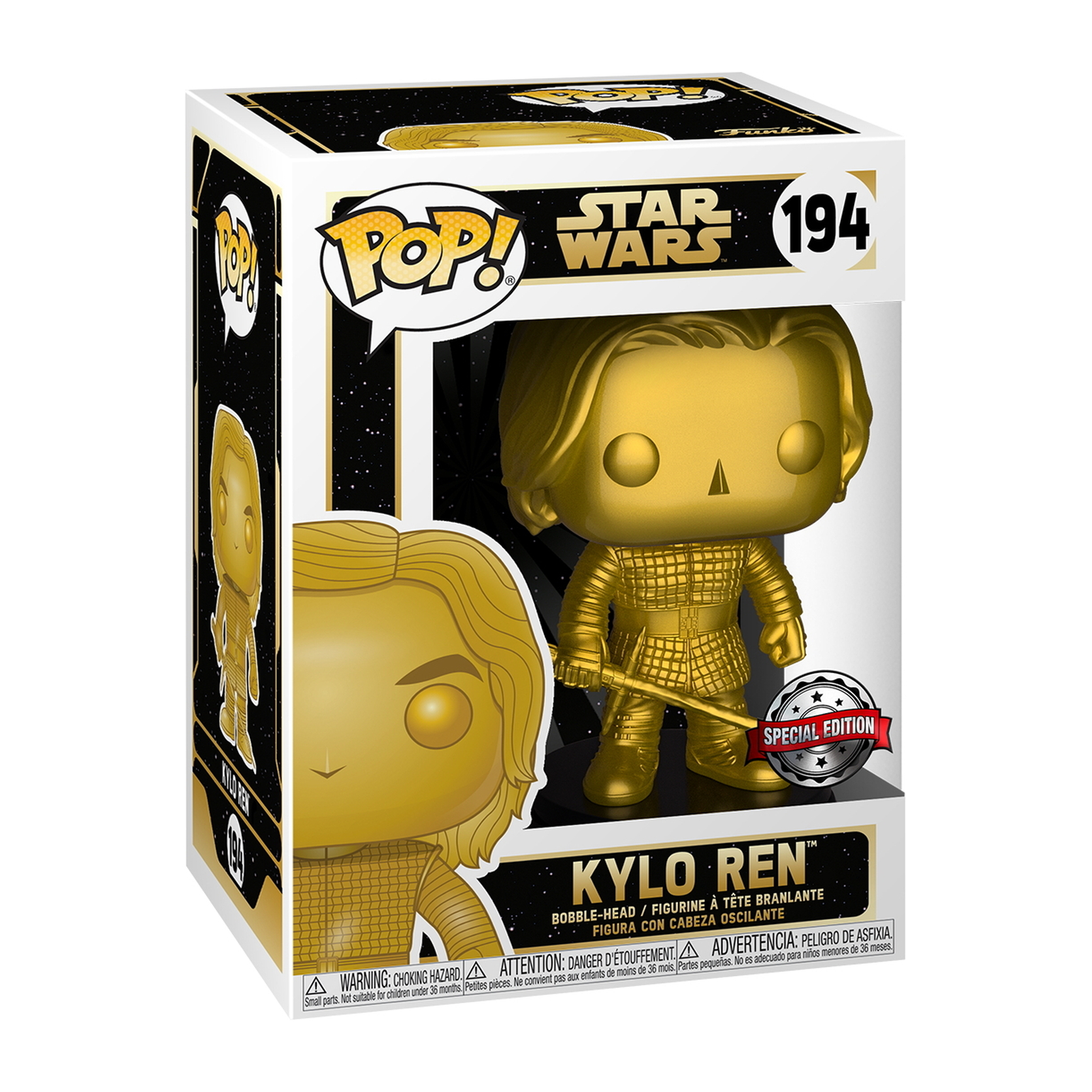 Kylo Ren Spielfigur in Box. Goldene Kylo Ren Figur in Rüstung, mit Box.