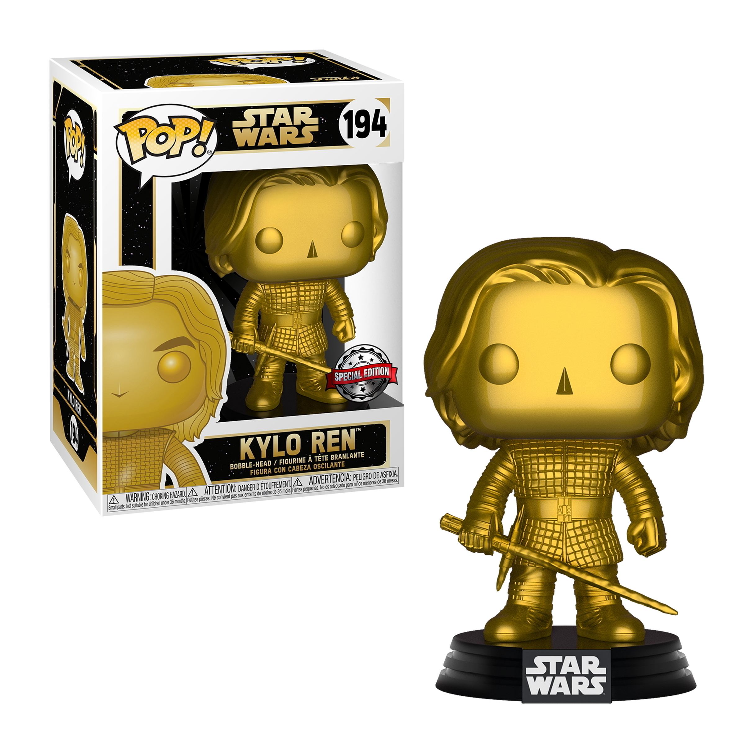 Kylo Ren Goldfigur mit Lichtschwert. Die Box ist ebenfalls sichtbar.