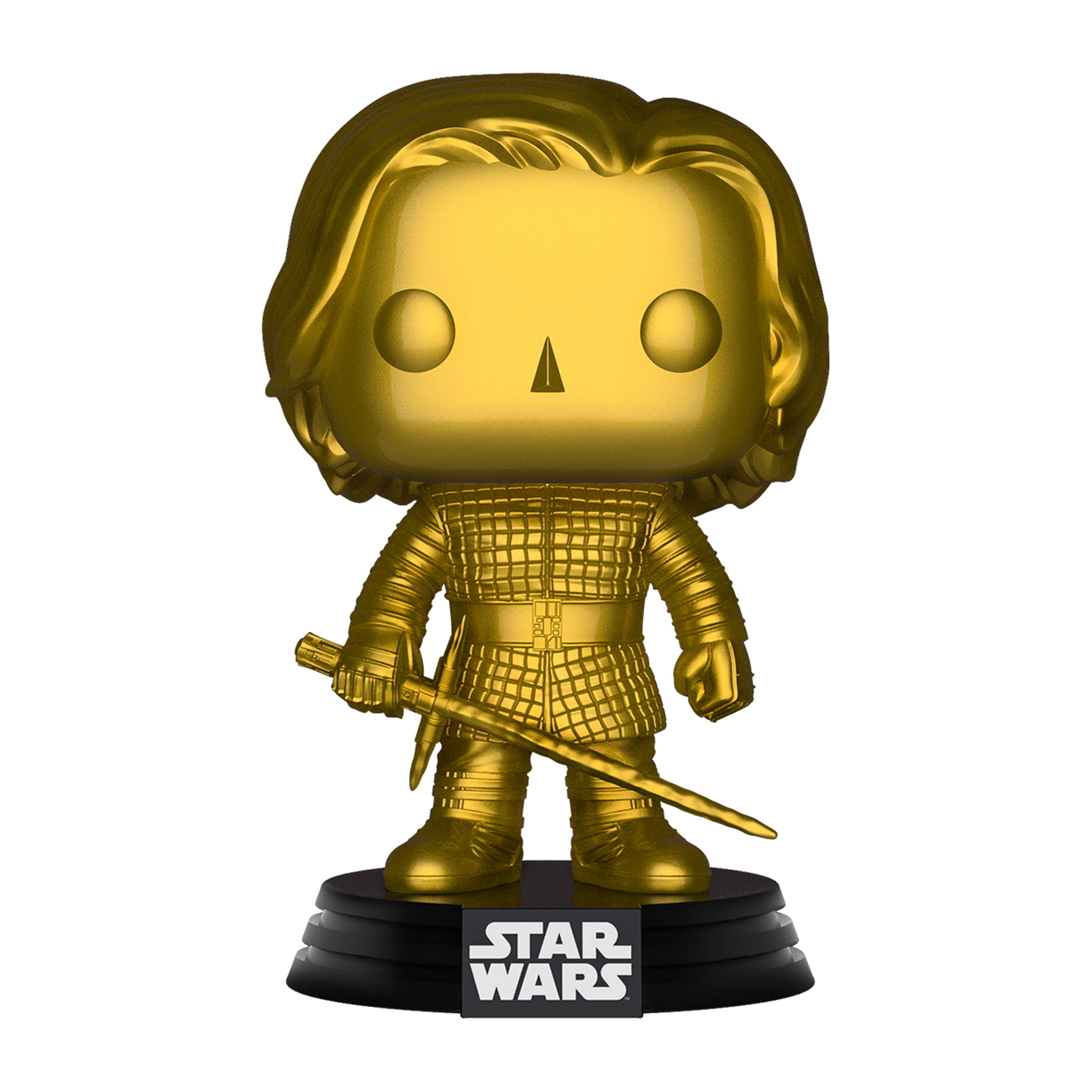Goldene Statue eines Mannes, der ein Schwert hält, auf schwarzem Sockel.