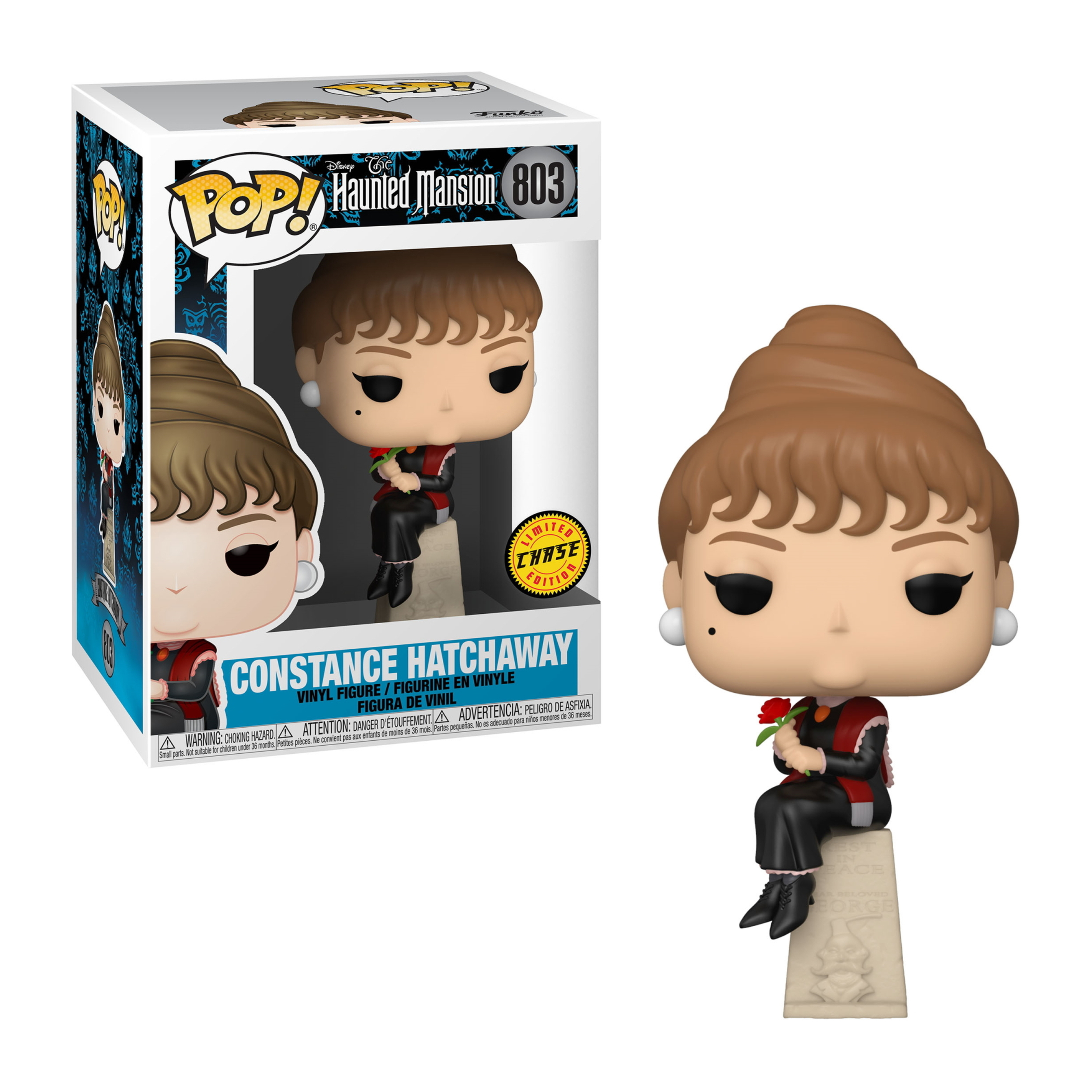 Figur von Constance Hatchaway mit roter Rose auf Grabstein. Box im Hintergrund.