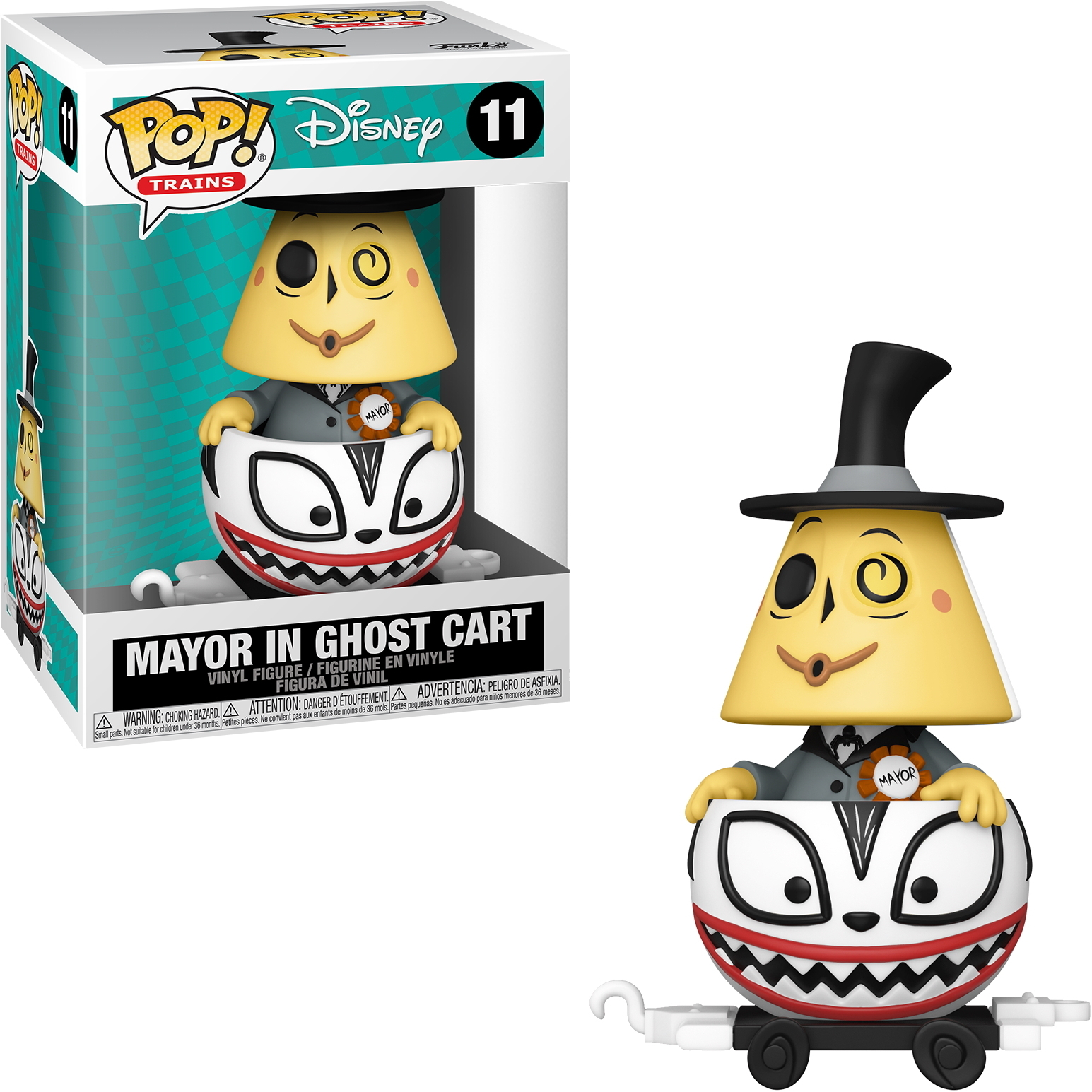 Bürgermeister aus Nightmare Before Christmas, in einem Geisterwagen. Box zeigt Figur und Wagen.