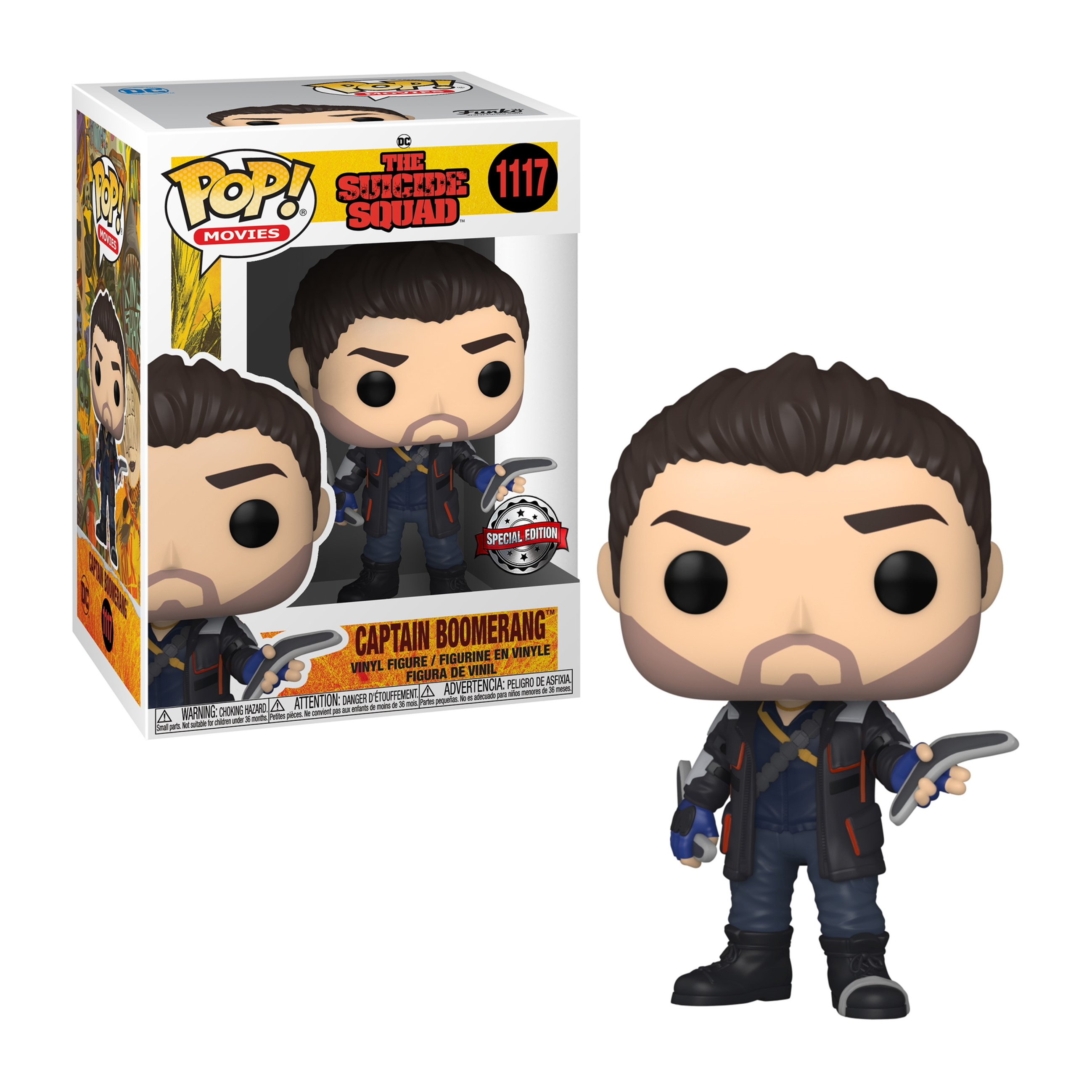 Captain Boomerang Funko Pop Figur mit Box. Die Figur hat eine Jacke und hält Bumerangs.