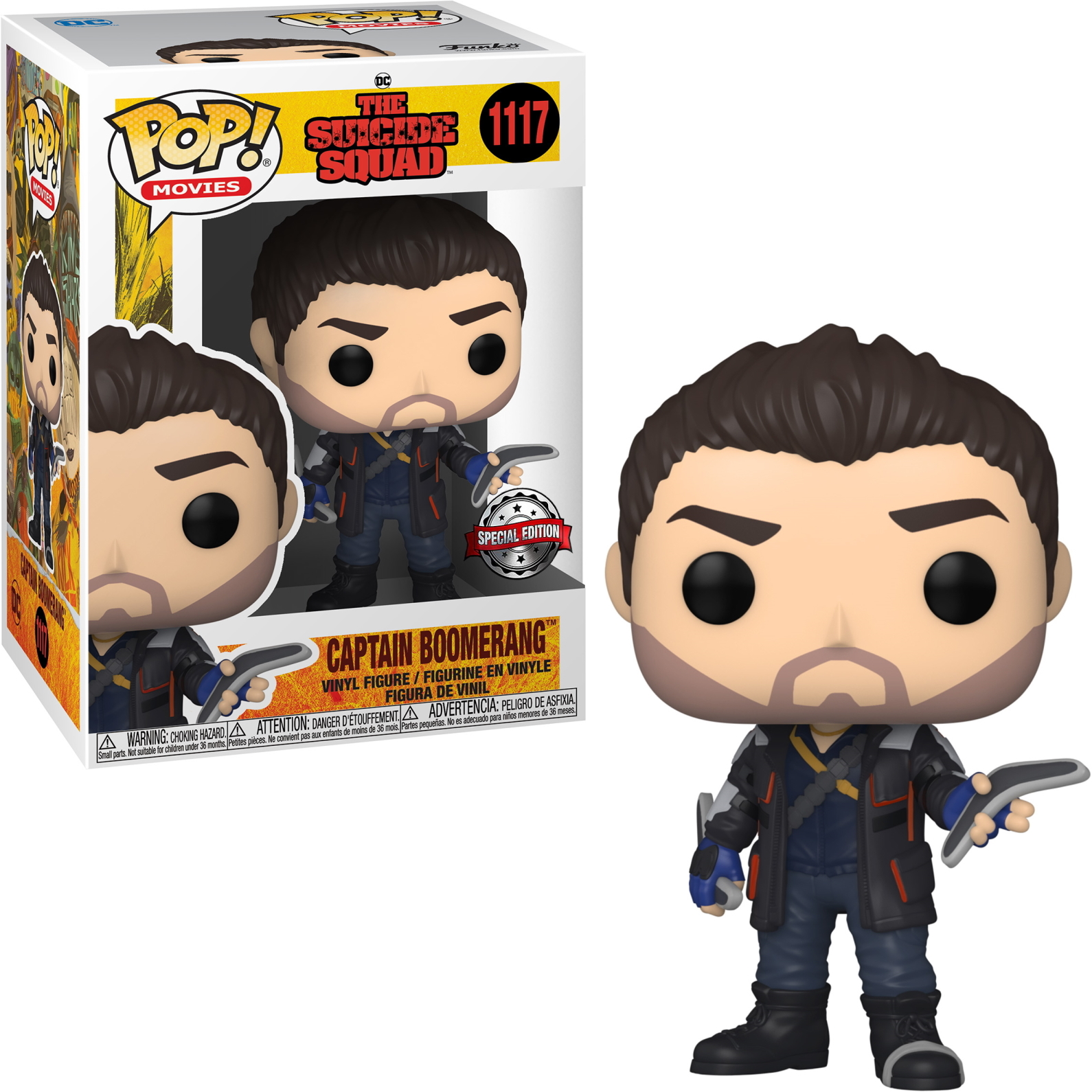 Eine Funko Pop-Figur von Captain Boomerang aus dem Suicide Squad. Er hält zwei Bumerangs.
