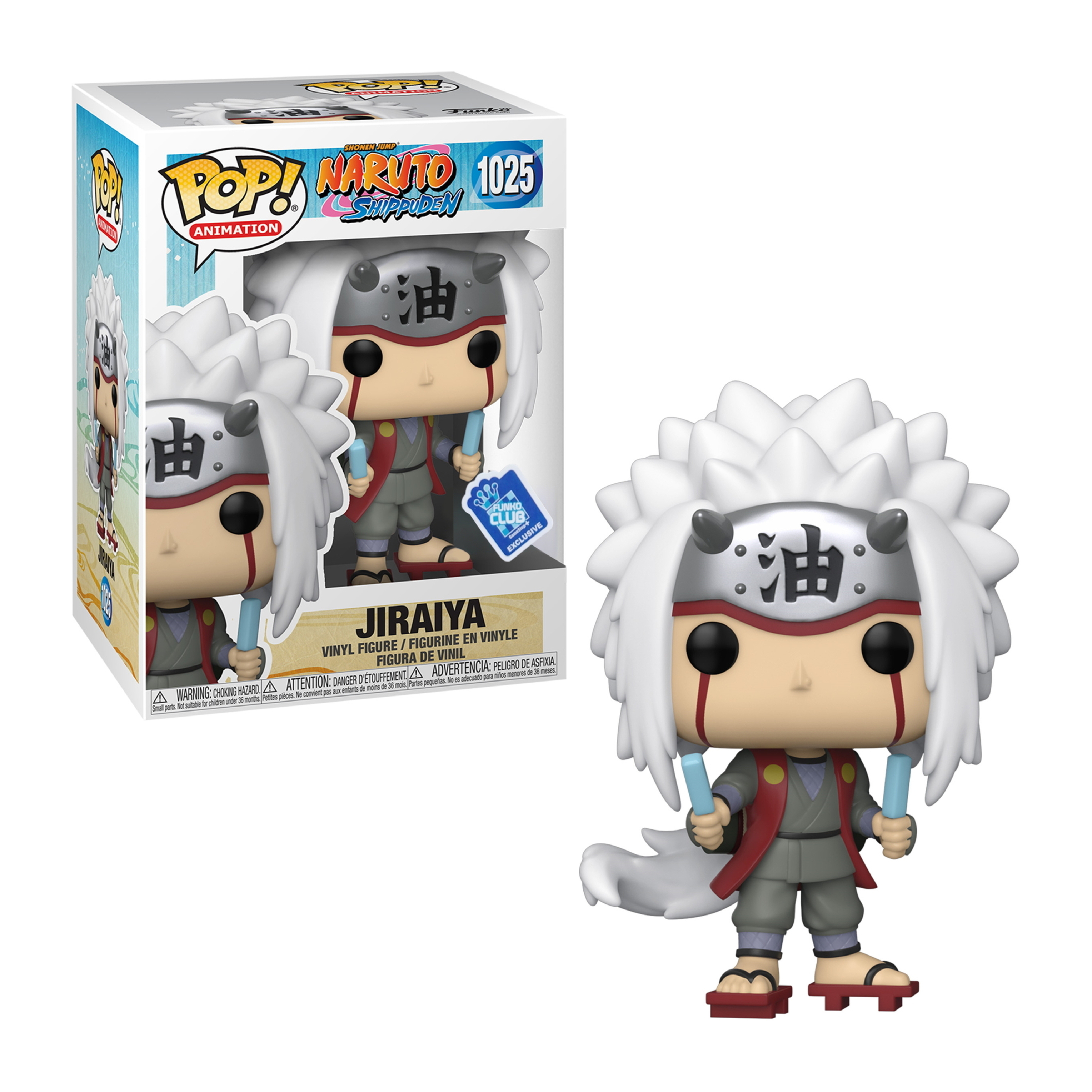 Jiraiya Funko Pop Figur mit weißen Haaren, hält zwei blaue Stäbe, in roter Jacke. Mit Box im Hintergrund.