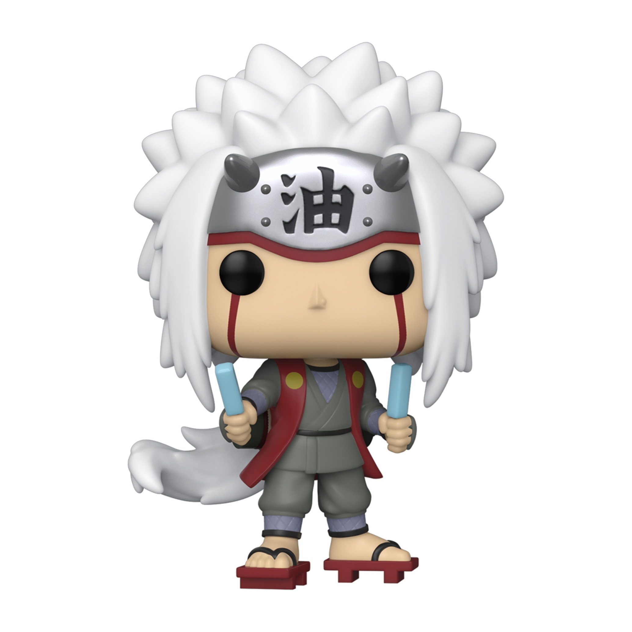 Jiraiya Funko Pop Figur. Weißes stacheliges Haar, rote Markierungen, hält zwei blaue Eis am Stiel, trägt Sandalen.