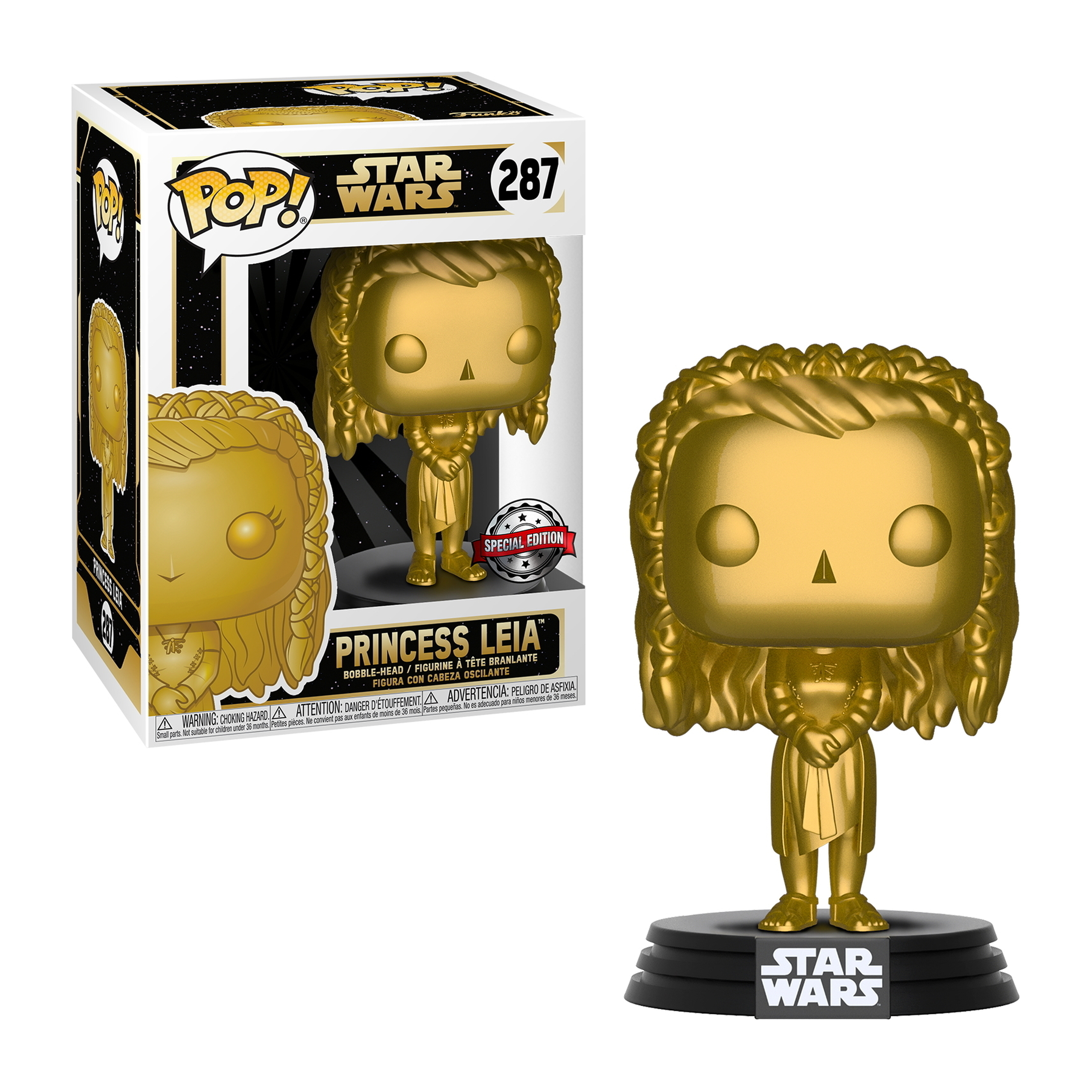 Goldene Prinzessin Leia Figur in einer Box, Star Wars Thema.