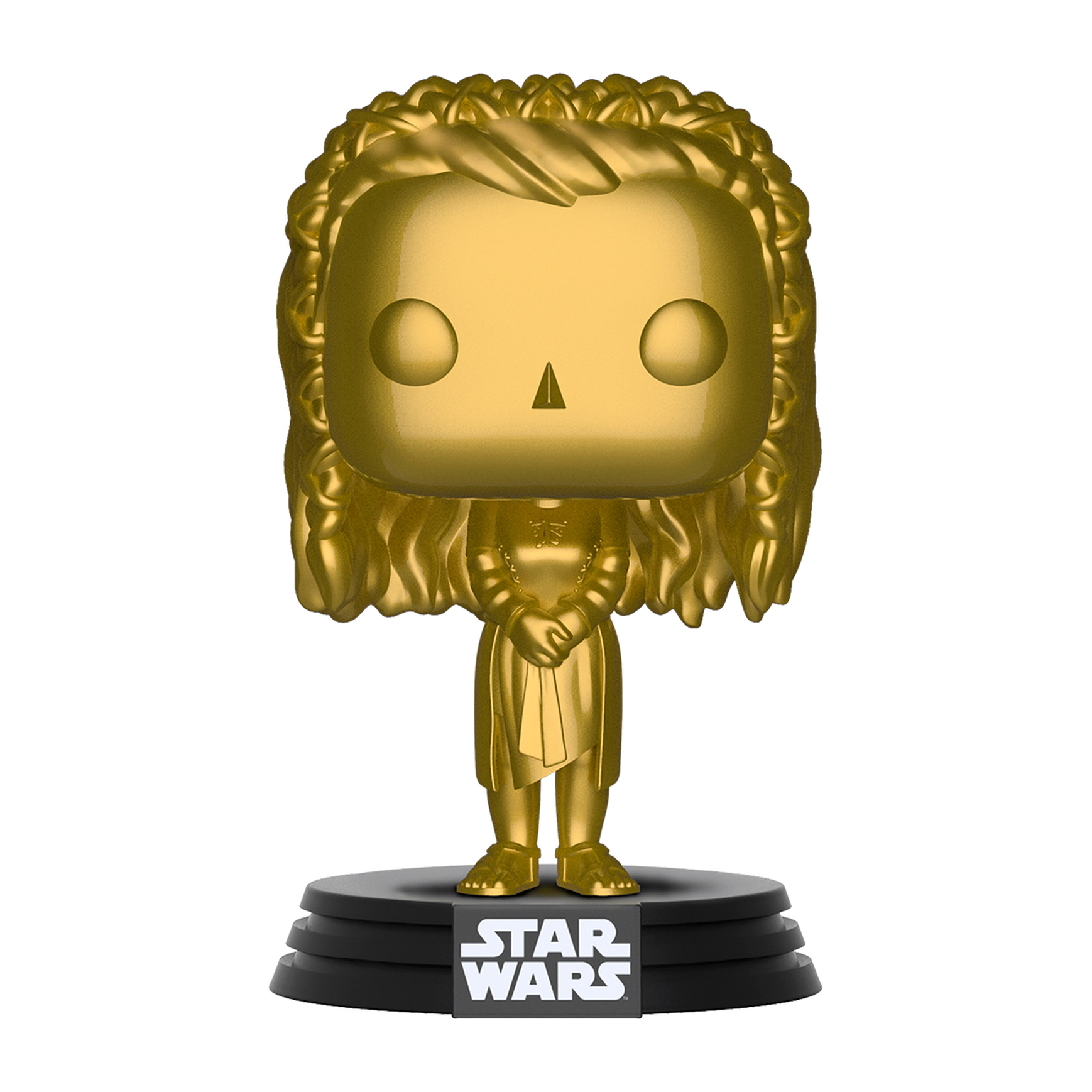 Goldene Figur einer Frau mit lockigem Haar, steht auf schwarzer Basis mit Star Wars Text. Weißer Hintergrund.