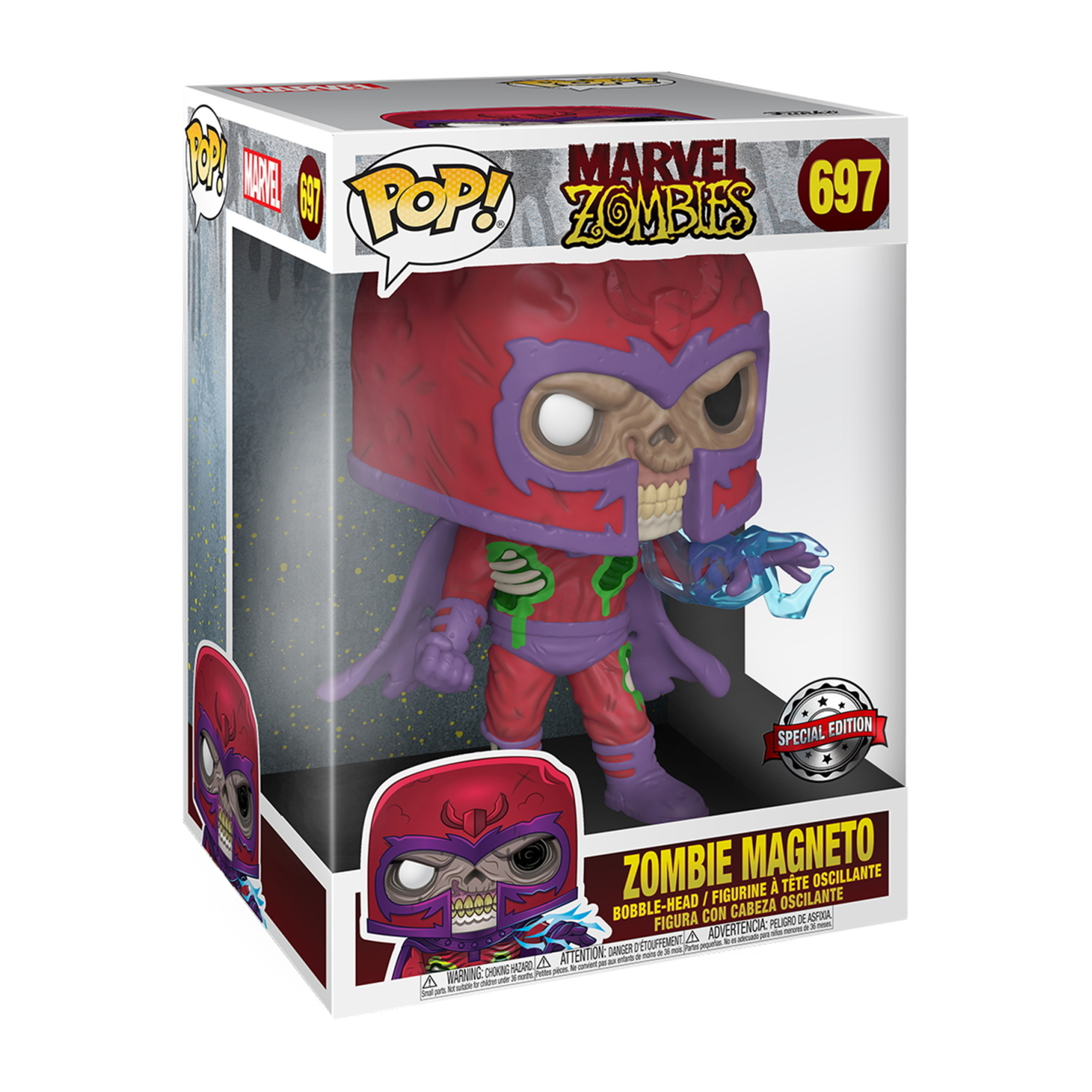 Zombie Magneto Pop Figur in einer Box. Rotes und lila Kostüm mit freigelegtem Skelett und Kopf.