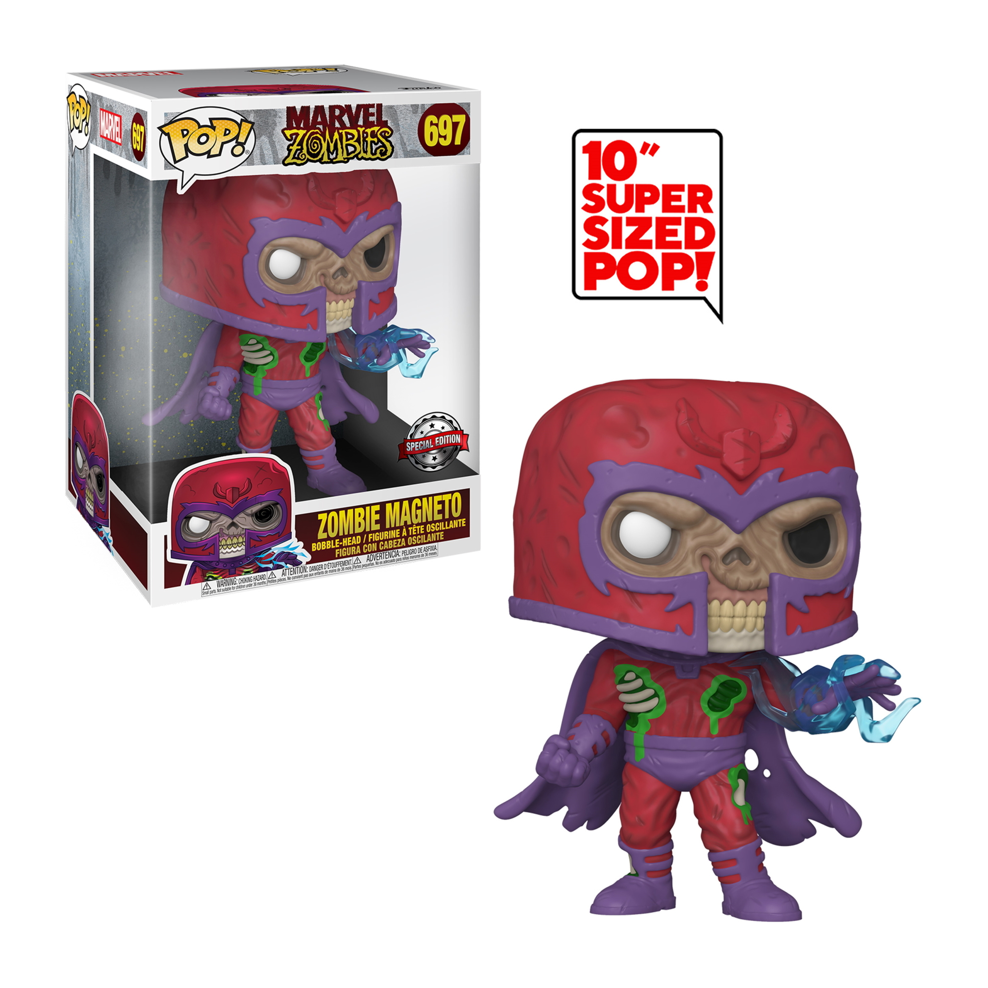 Zombie Magneto Funko Pop Figur mit rotem Helm und lila Outfit. Die Box ist sichtbar.