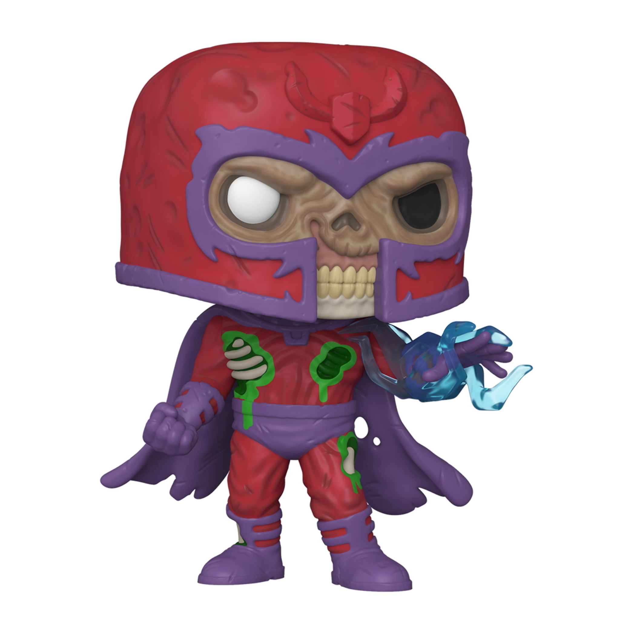 Magneto Funko Pop Figur. Rote und lila Farben, Skelettgesicht, Umhang. Hält ein blau leuchtendes Objekt.