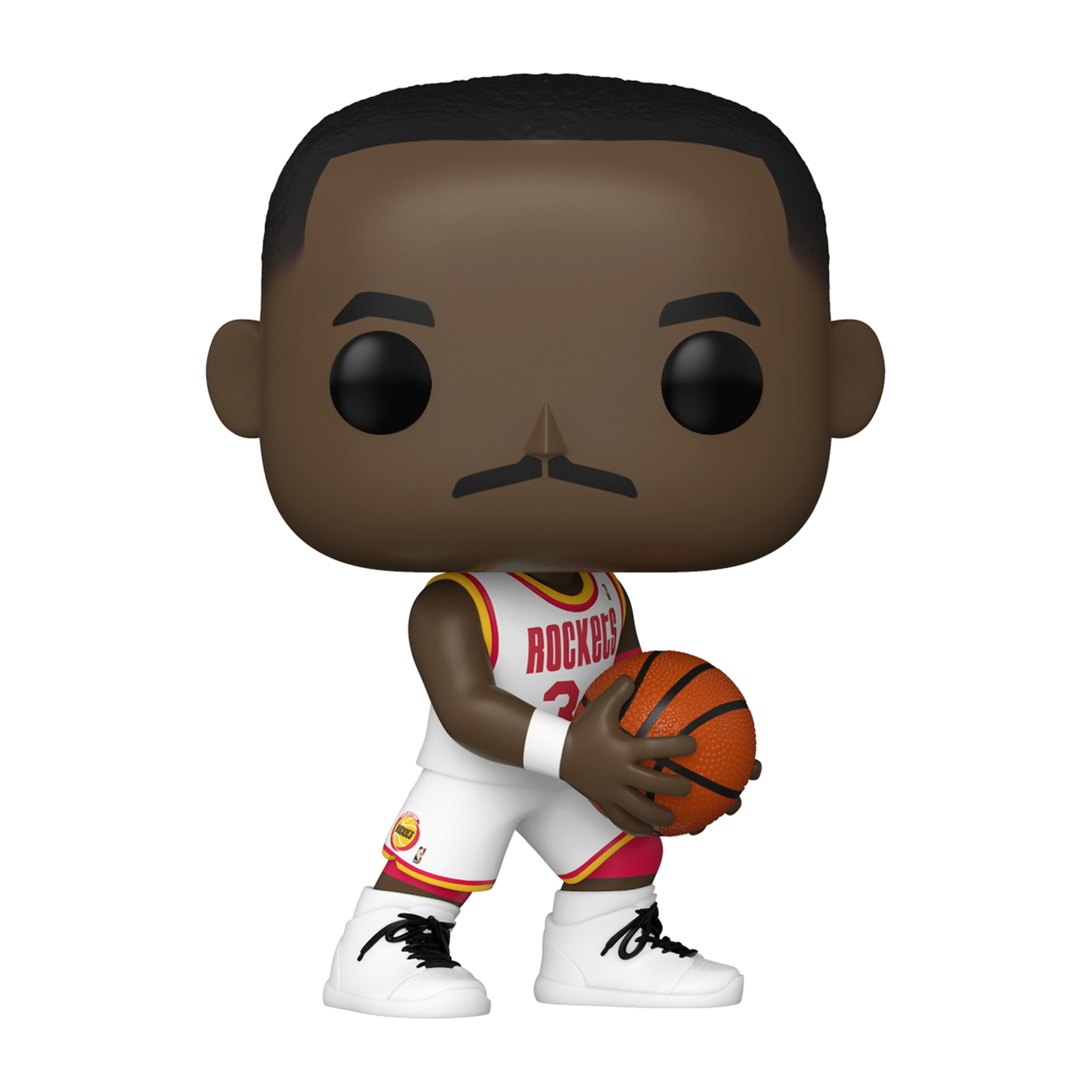 Funko Pop Figur eines Basketballspielers im Rockets-Trikot, der einen Ball hält.